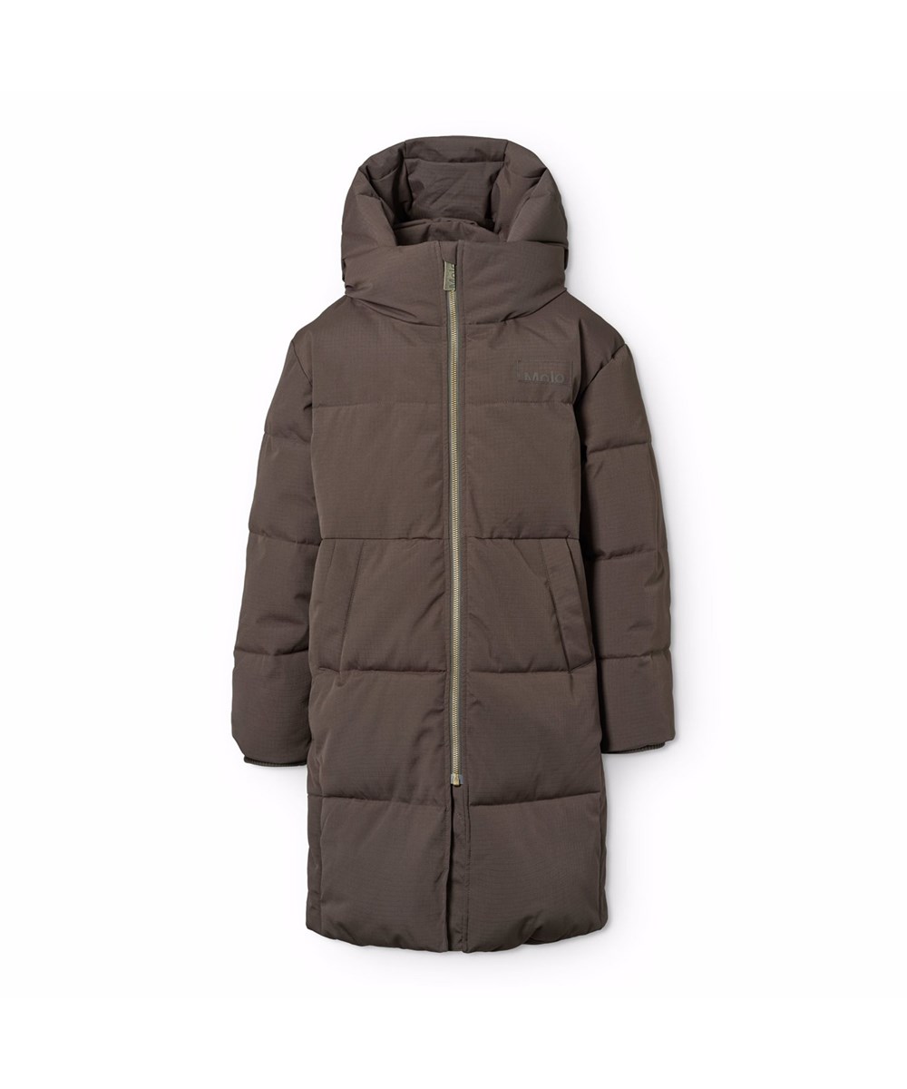 Harper - Dark Cocoa - Wind- and water-repellent brown jacket for children in recycled nylon with practical zip closure, high collar, and detachable hood.