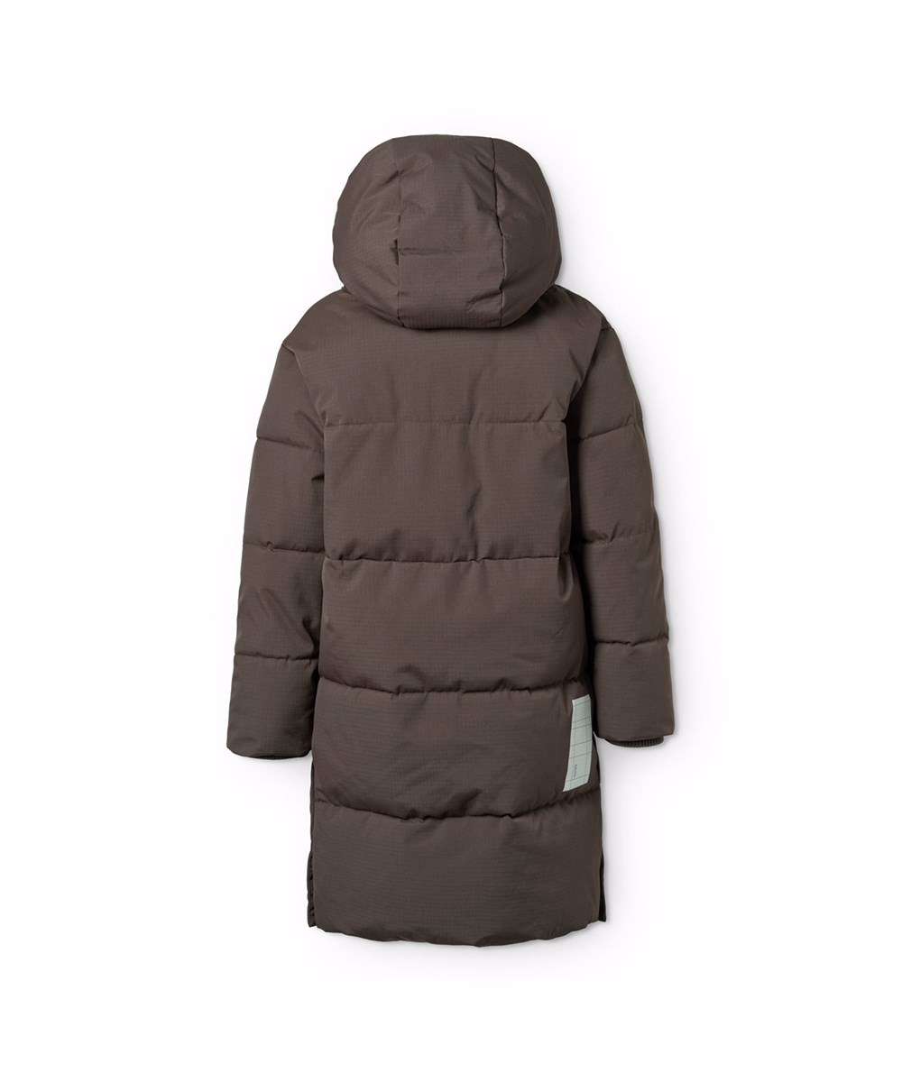 Harper - Dark Cocoa - Wind- and water-repellent brown jacket for children in recycled nylon with practical zip closure, high collar, and detachable hood.