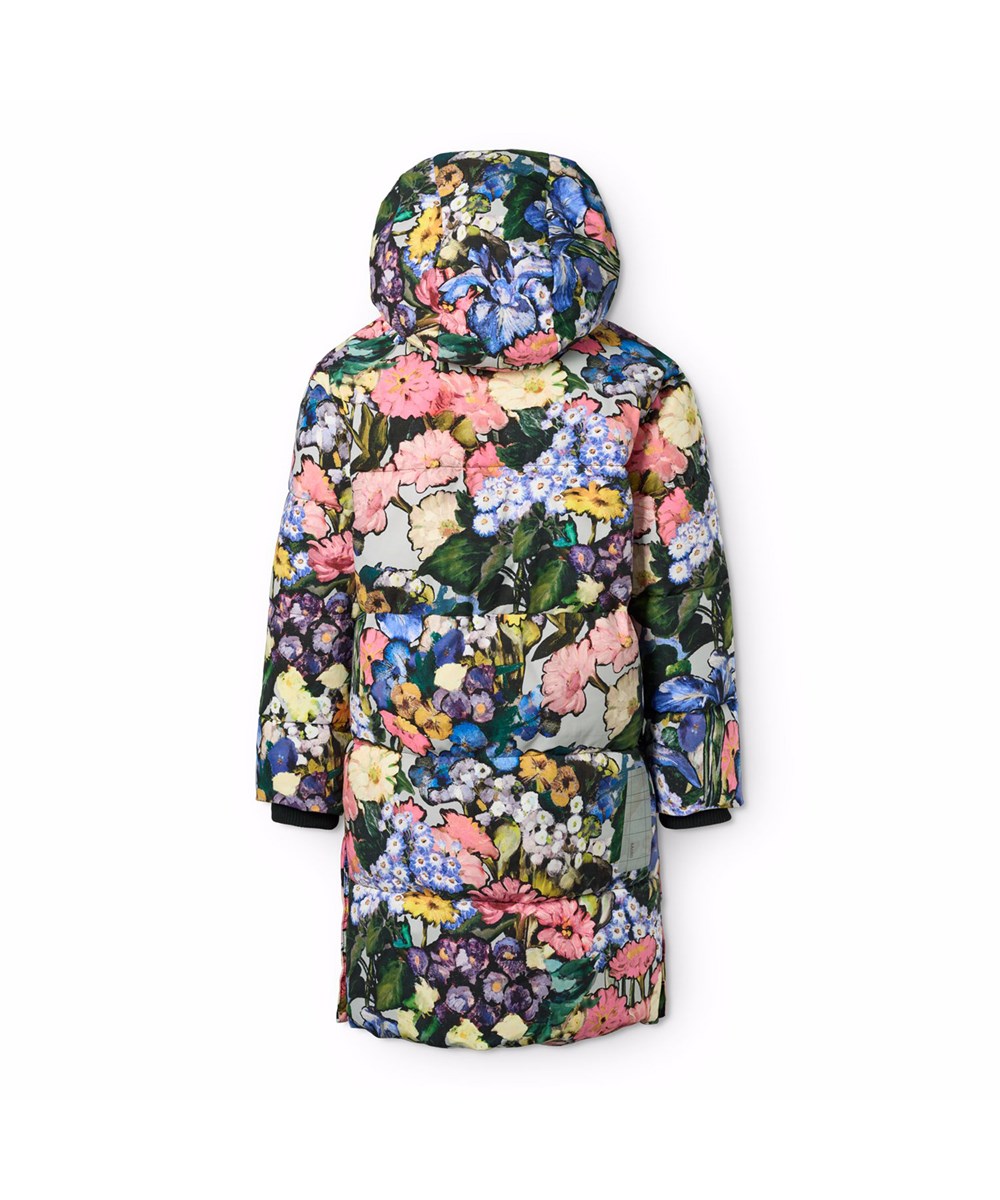 Harper - Floral Impression - Wind and water-repellent floral jacket for children in recycled nylon with practical zip closure, high collar, and detachable hood.