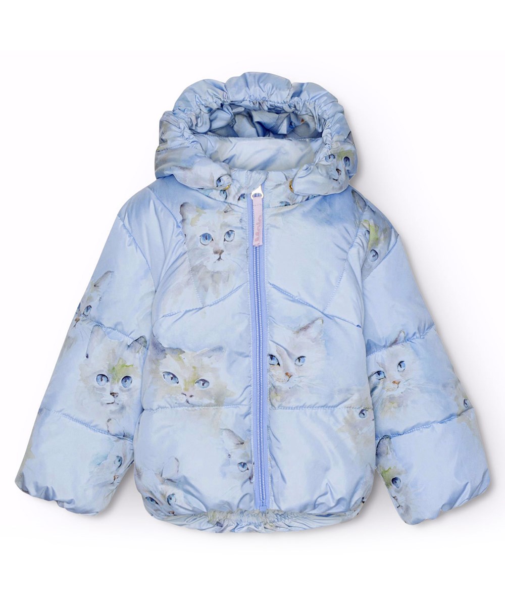 Harpo - Aquarelle Blue - Water-repellent light blue jacket for babies and toddlers in recycled polyester with a print of watercolour-painted cat faces.