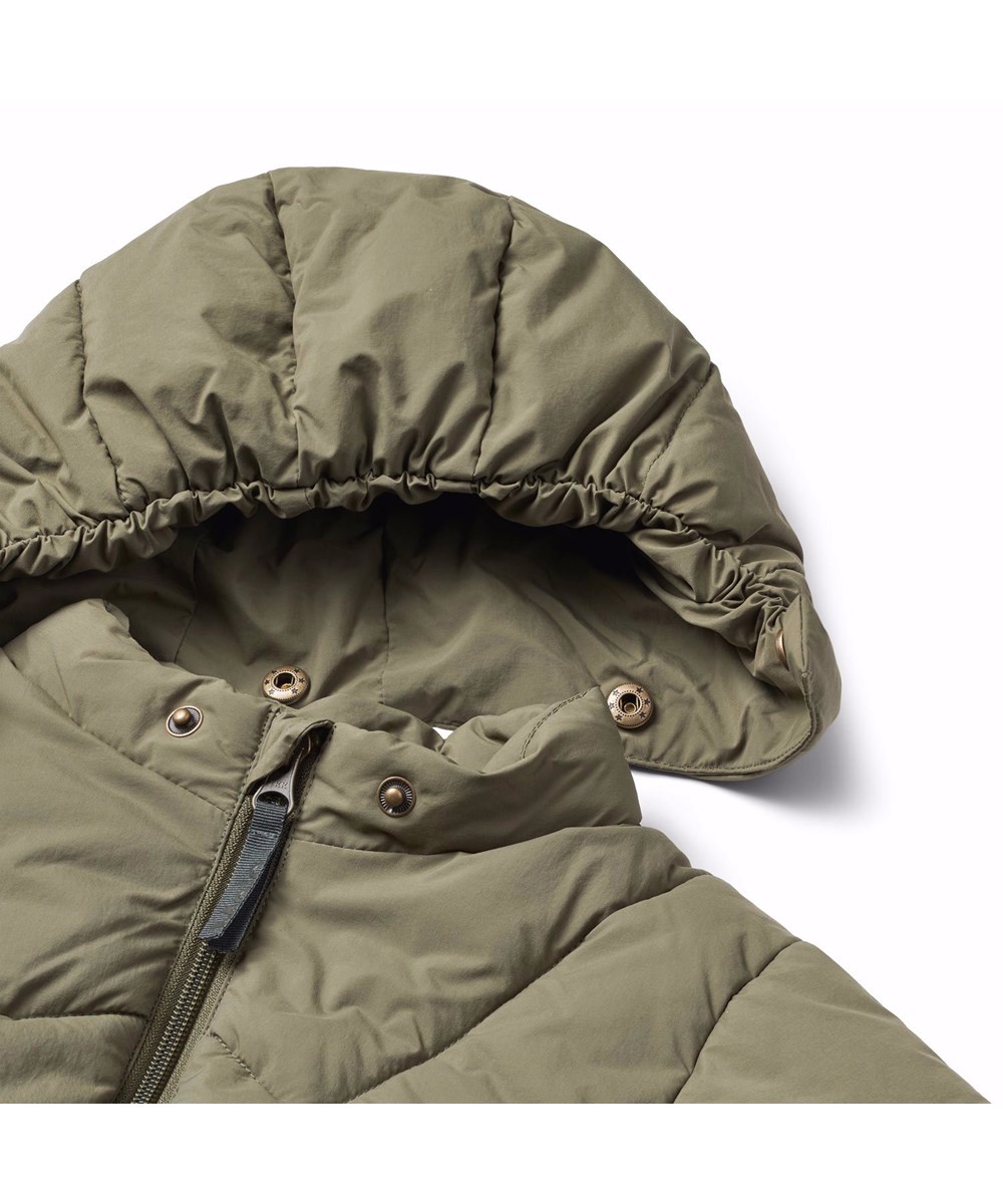 Harpo - Bark - Water-repellent olive green jacket for babies and toddlers in recycled nylon.