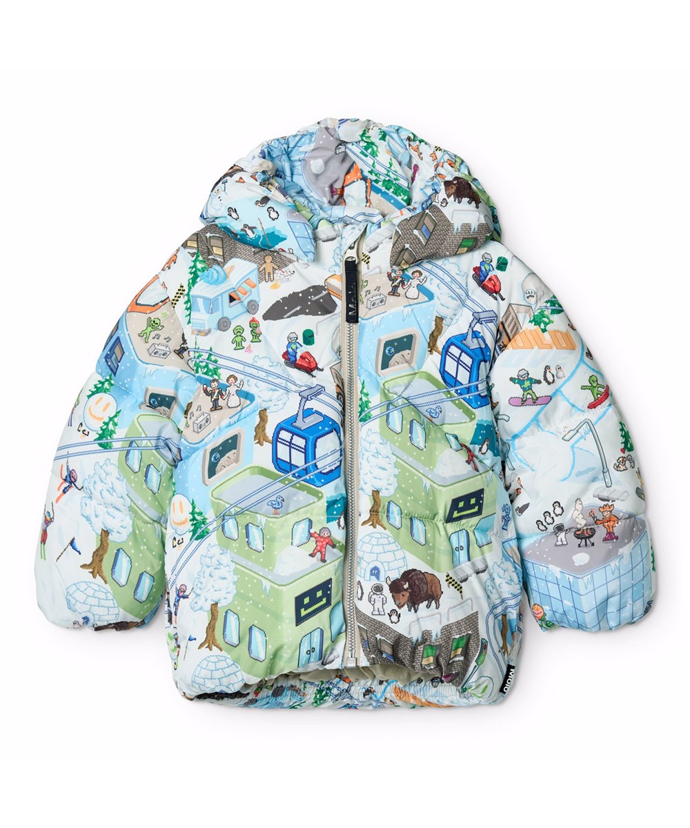 Harpo - Pixel Winter - Water-repellent jacket for the little ones made of recycled polyester with a pixelated print of the real world and a detachable hood.
