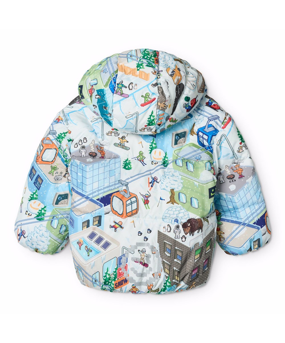 Harpo - Pixel Winter - Water-repellent jacket for the little ones made of recycled polyester with a pixelated print of the real world and a detachable hood.