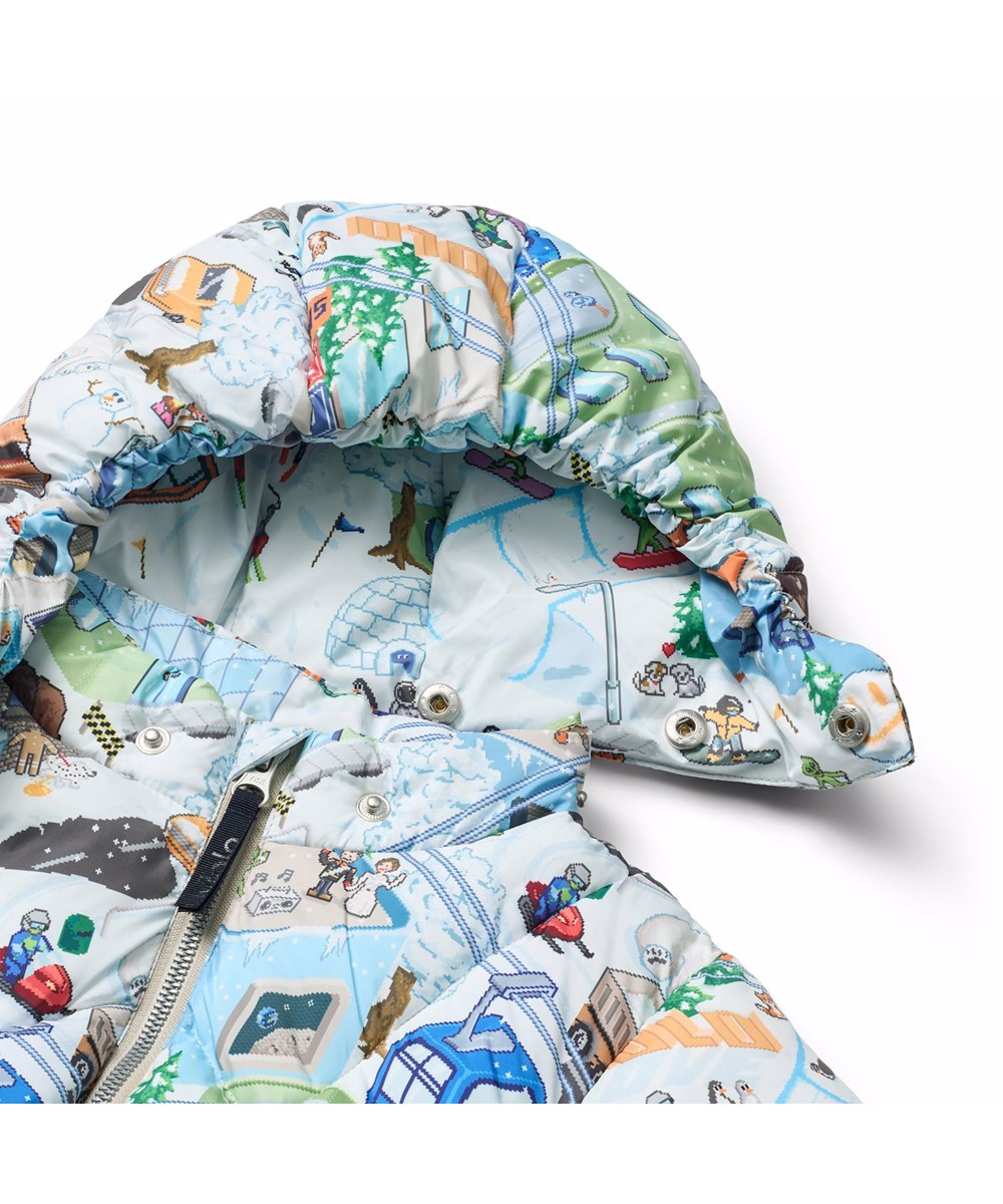 Harpo - Pixel Winter - Water-repellent jacket for the little ones made of recycled polyester with a pixelated print of the real world and a detachable hood.