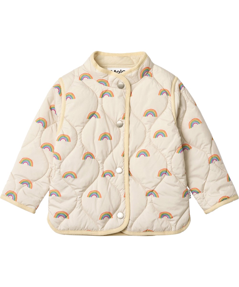 Harrie - Small Rainbows - Beige water-repellent thermal jacket made of recycled nylon with rainbow print for children