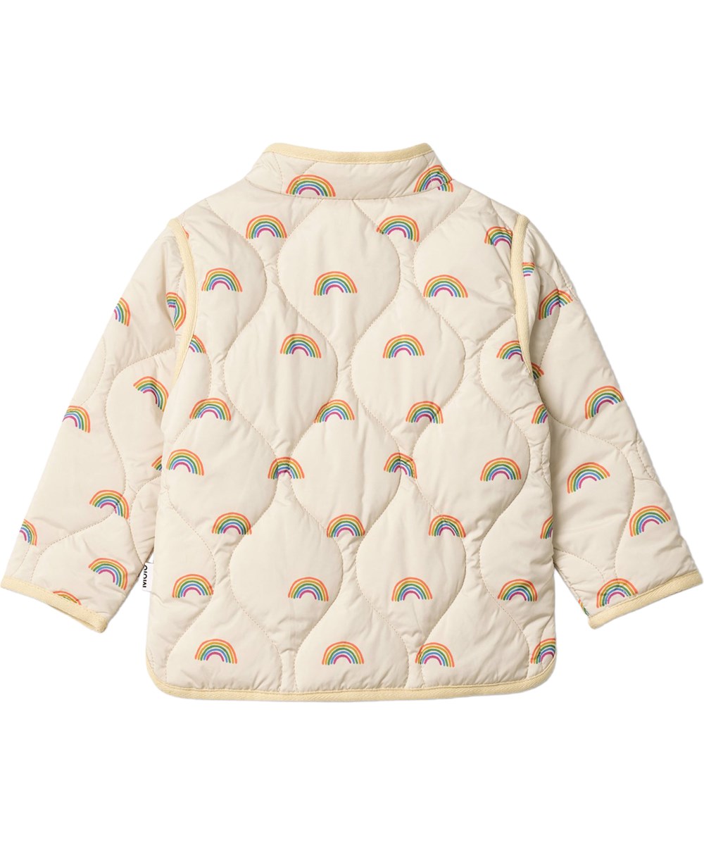 Harrie - Small Rainbows - Beige water-repellent thermal jacket made of recycled nylon with rainbow print for children