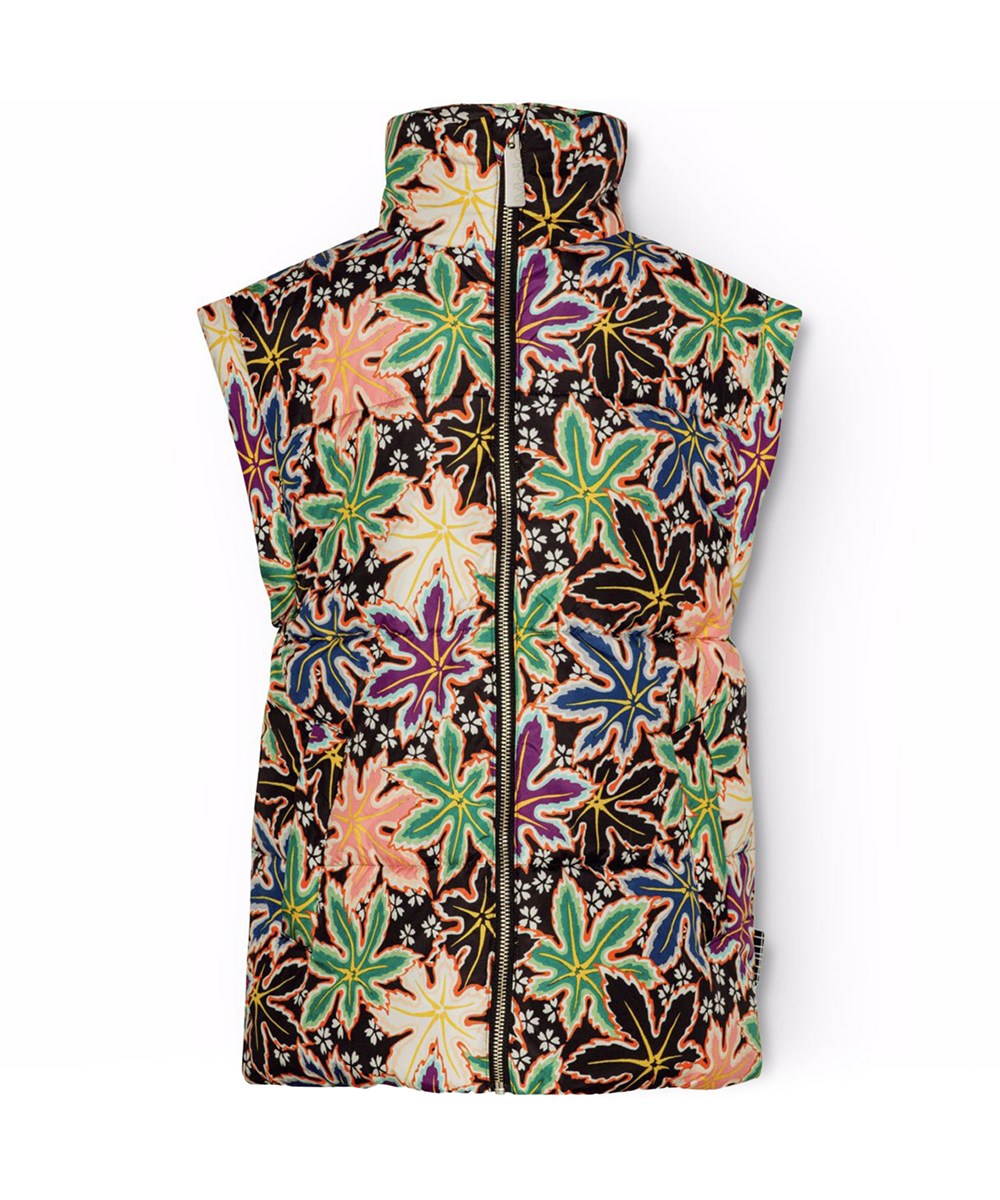 Harsha - Leafy - Quilted vest for children in recycled polyester with a lovely multicoloured print of maple leaves in various colours.