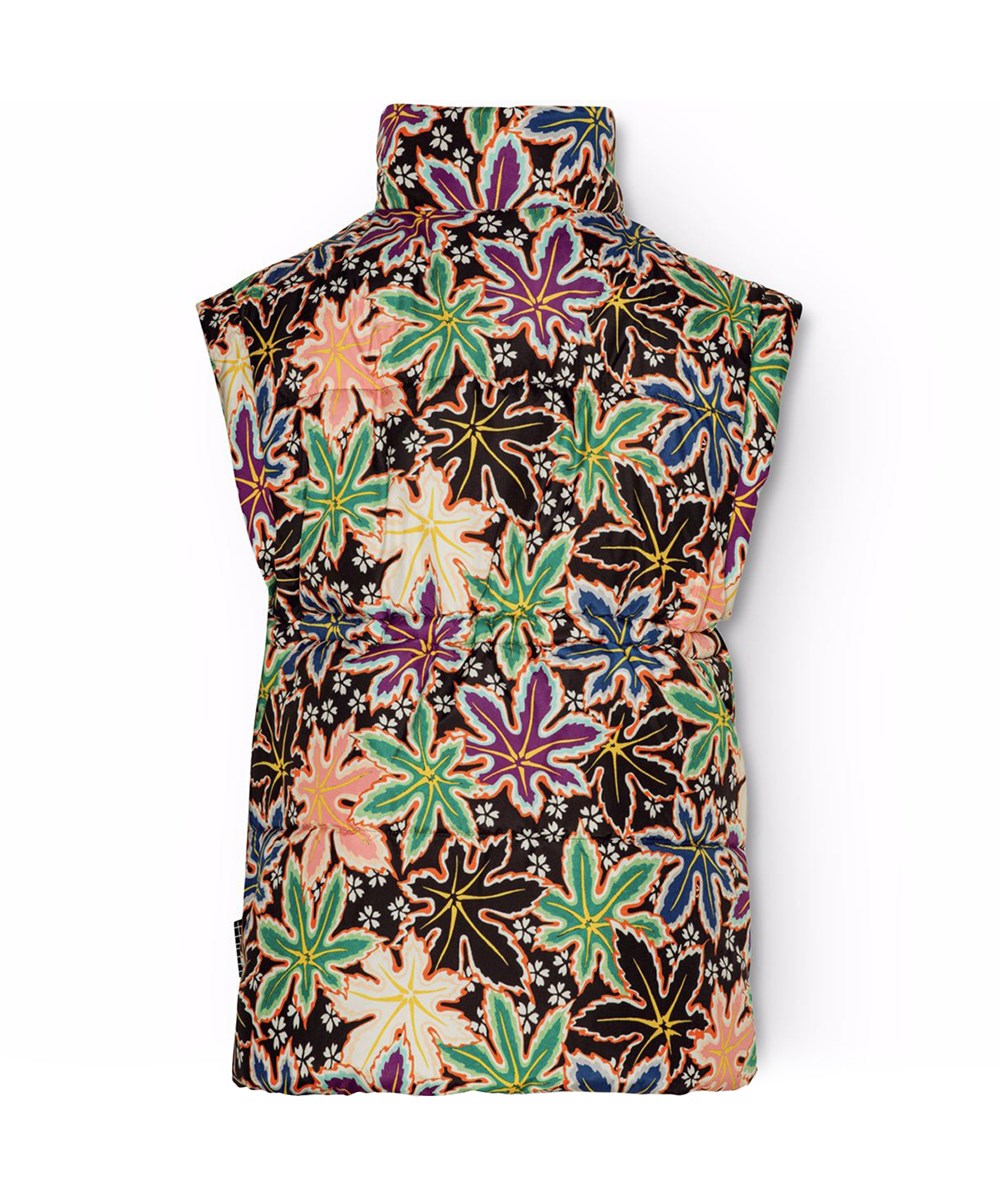 Harsha - Leafy - Quilted vest for children in recycled polyester with a lovely multicoloured print of maple leaves in various colours.