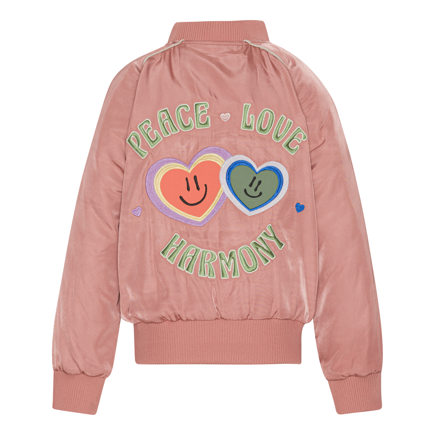 Hatty - Muted Rose - Pink bomber jacket with peace love embroidery