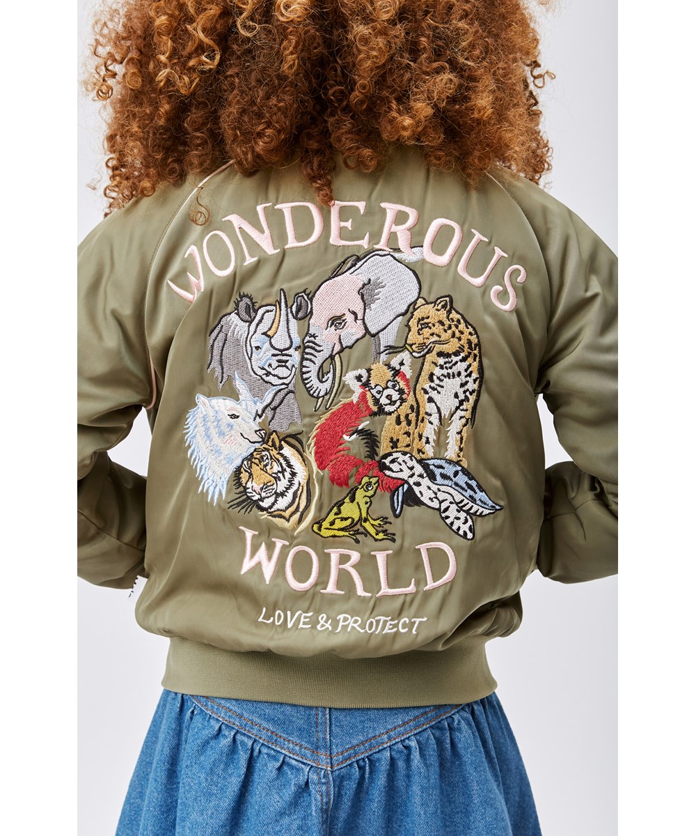 Hatty - Pond - Green bomber jacket with embroidery of various animals