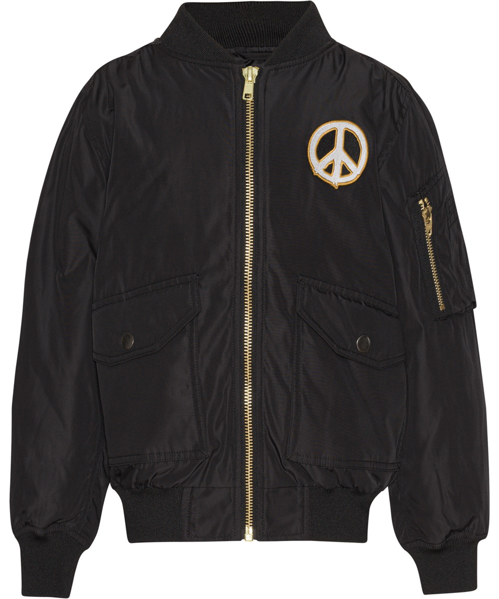 Heath - Black - Black bomber jacket with large, embroidered peace sign