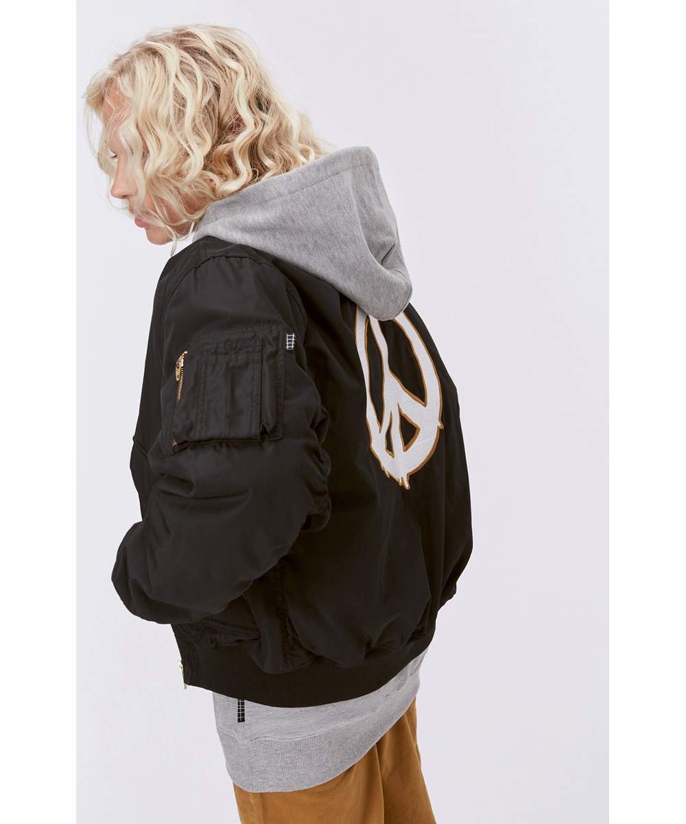 Heath - Black - Black bomber jacket with large, embroidered peace sign