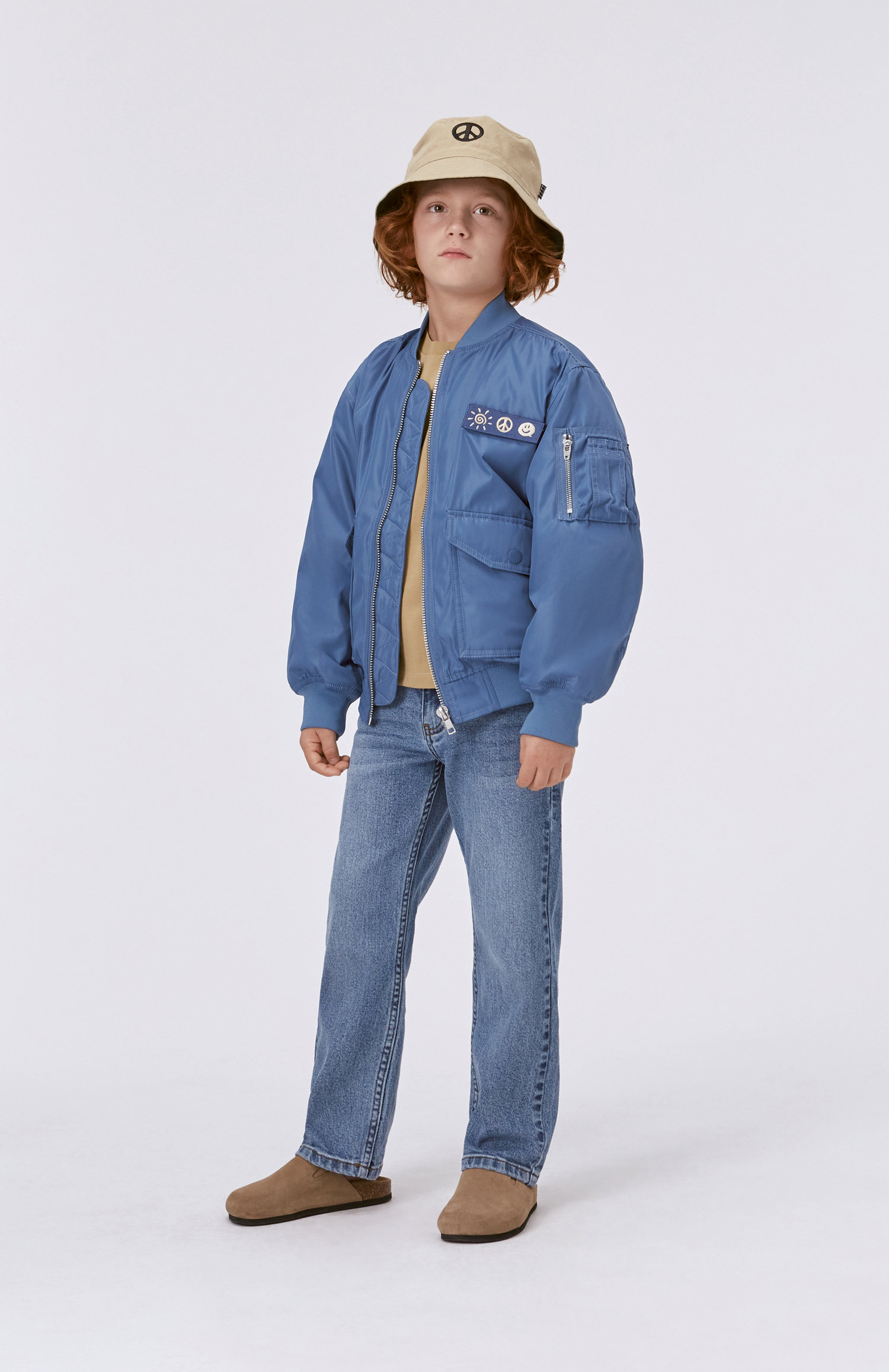 Heath - Moonlight Blue - Blue bomber jacket with sun, peace and 