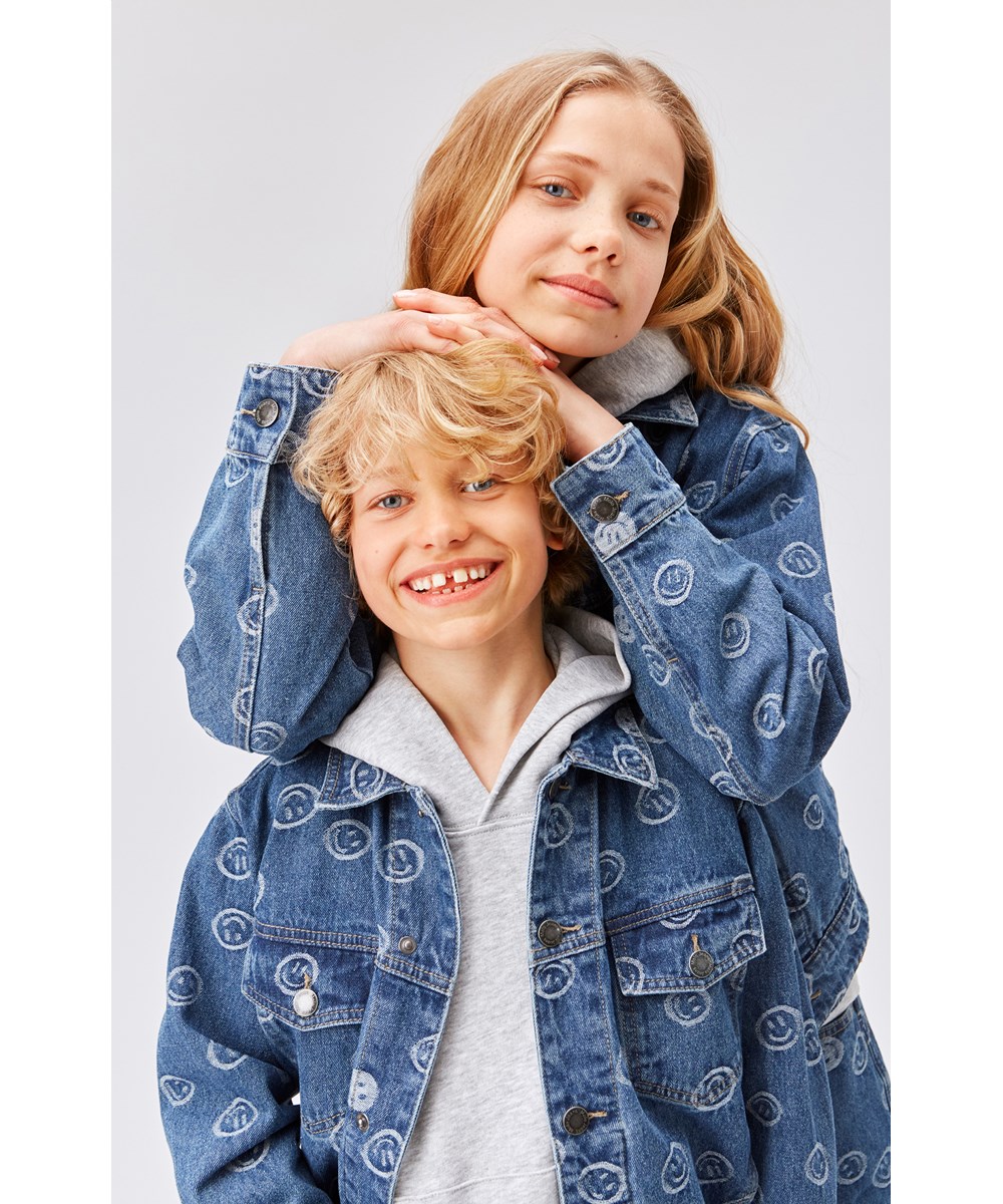 Hedly - Blue Happiness - Blue denim jacket with various emojis