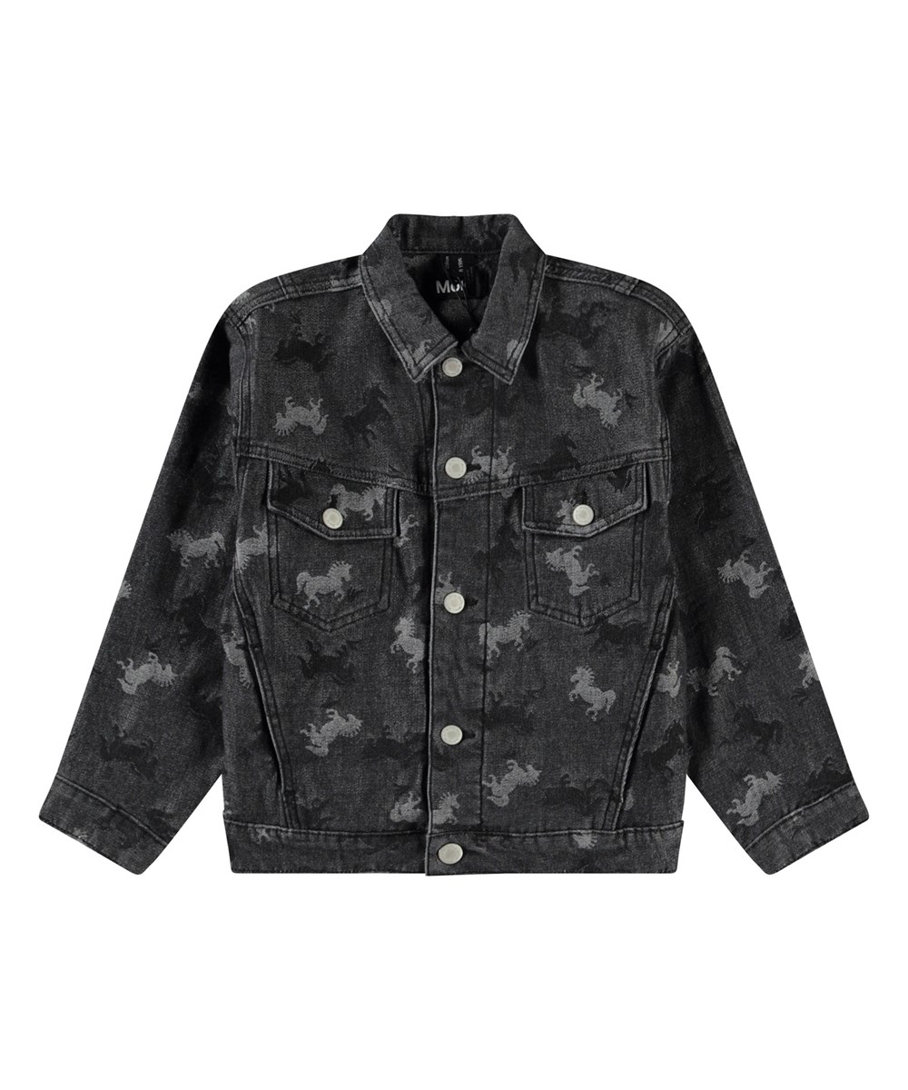 Hedly - Giddy-Up Denim - Dark grey denim jacket for children in soft cotton with an woven pattern of black and light grey horses.