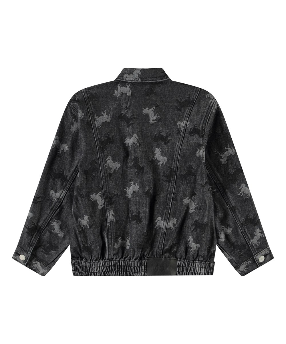 Hedly - Giddy-Up Denim - Dark grey denim jacket for children in soft cotton with an woven pattern of black and light grey horses.