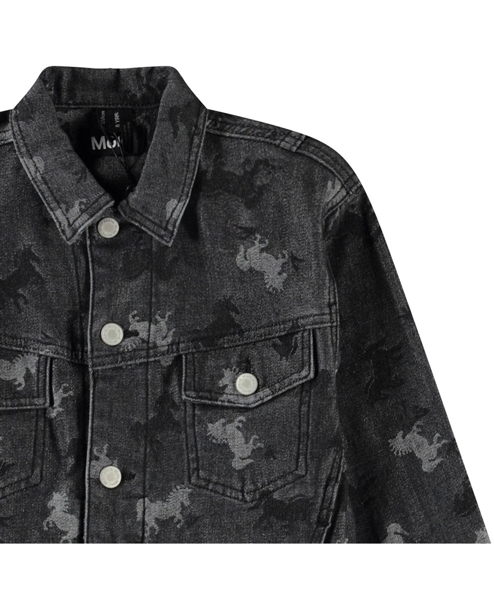 Hedly - Giddy-Up Denim - Dark grey denim jacket for children in soft cotton with an woven pattern of black and light grey horses.