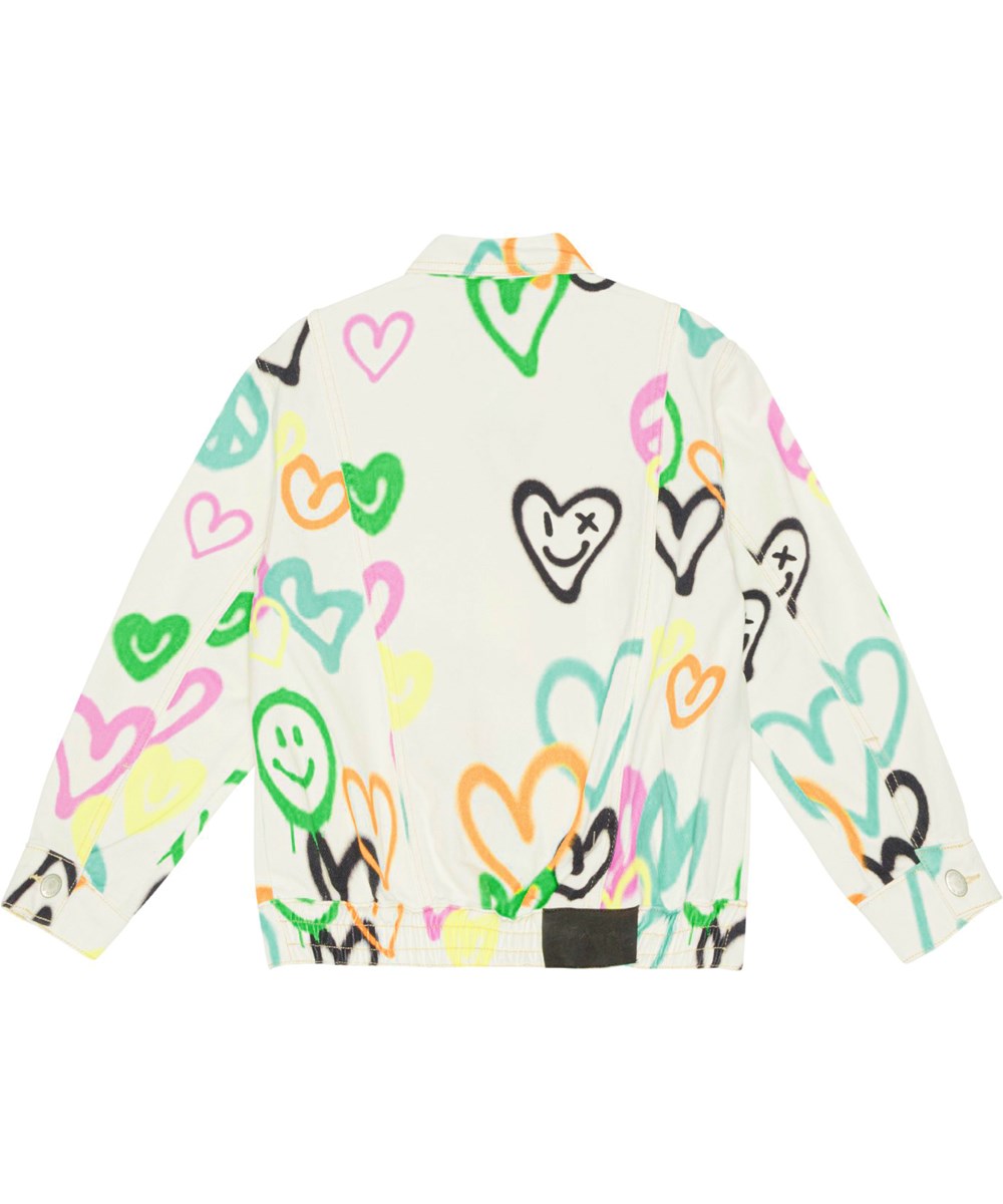 Hedly - Heart Colours - White denim, children's jacket with a print of graffiti spray painted smiling faces, hearts and peace signs.
