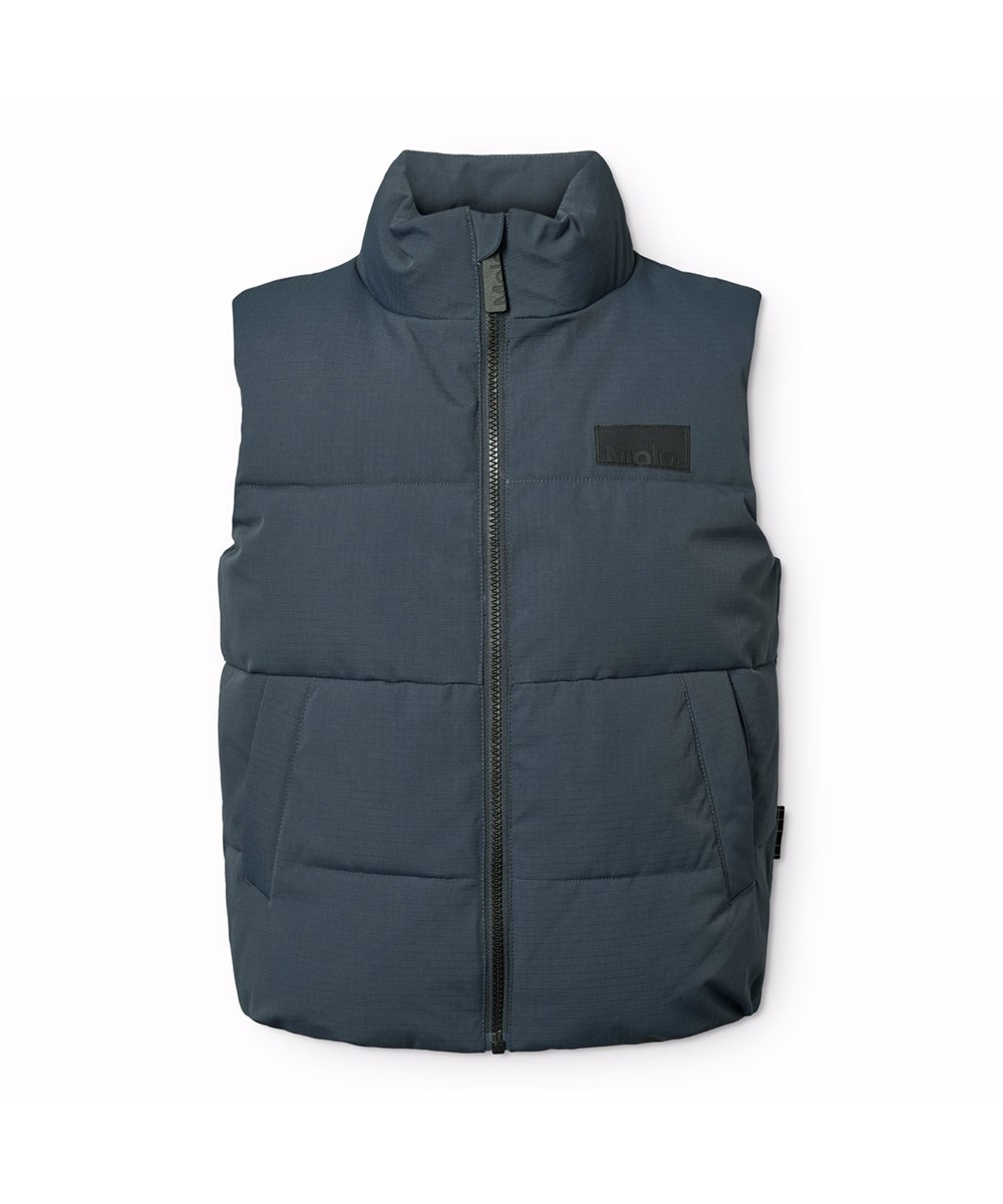Heike - Night Navy - Dark blue puffer vest for children made of recycled nylon with a front zip, high collar and large armholes, allowing for a jacket or thick sweater to be worn underneath.