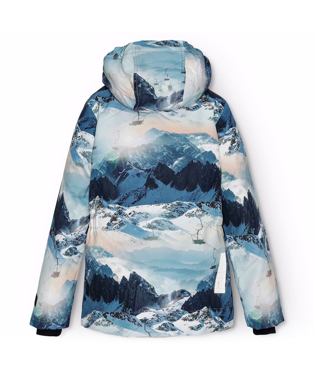 Heiko - Mountain High - Wind- and waterproof winter jacket for children in recycled polyester with a print of a winter landscape in shades of blue.