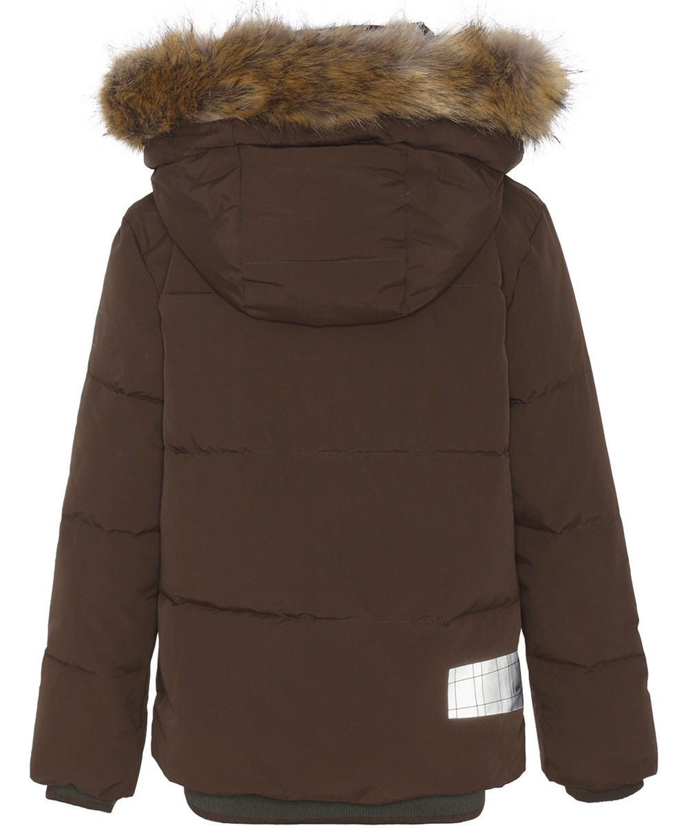 Herbert - Deep Oak - Recycled brown down jacket with faux fur
