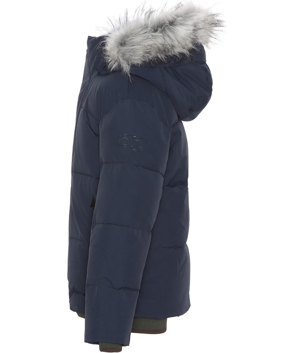 Herbert - Galaxy Blue - Recycled dark blue down jacket with faux fur 