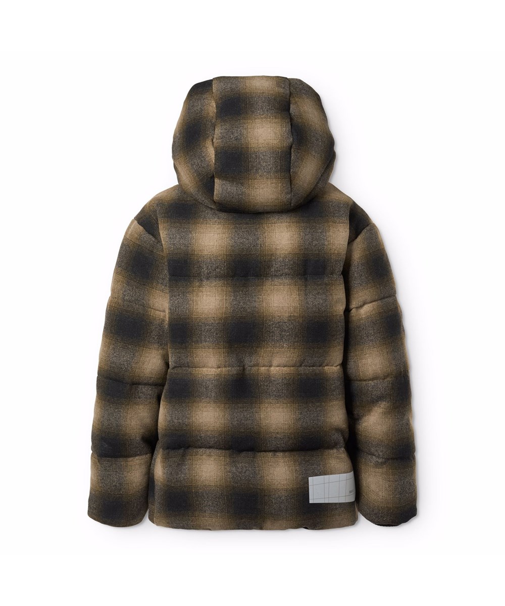 Hilo - Bark Check - Warm and functional jacket for children in recycled polyester with practical zip closure, high collar, and detachable hood.