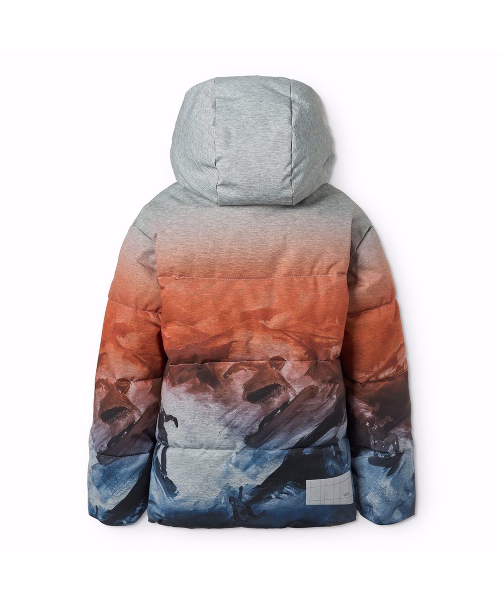 Hilo - Sunrise - Grey, orange, and blue jacket for children in recycled polyester with a practical zip closure, high collar, and detachable hood.
