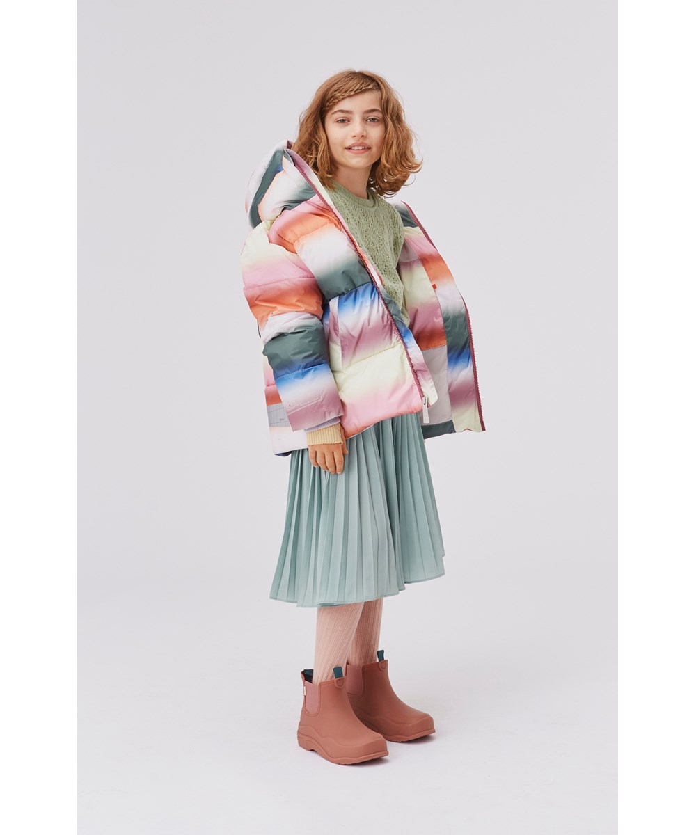 Hilo - Misty Rainbow - Recycled down jacket in pastel coloured rainbow print