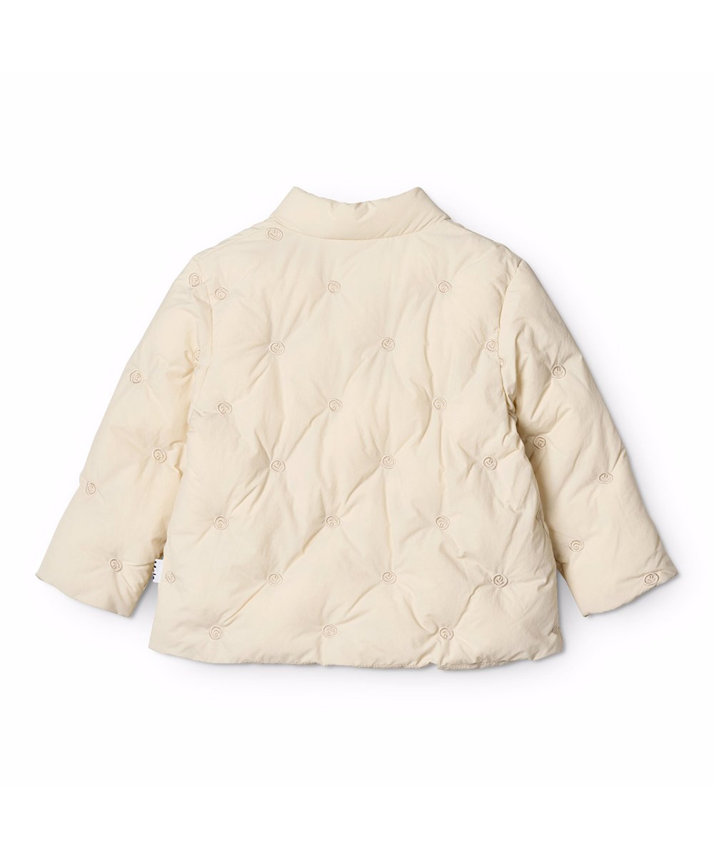 Hiroku - White Noise - Off-white water-repellent quilted jacket for the little ones made of recycled nylon with embroidered small smiling faces.