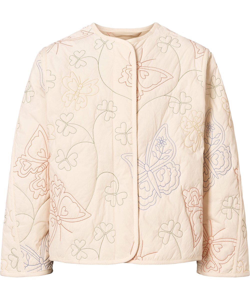 Holley - Pearled Ivory - Quilted jacket for children in a light, cream-coloured tone with embroidered motifs of butterflies and flowers.