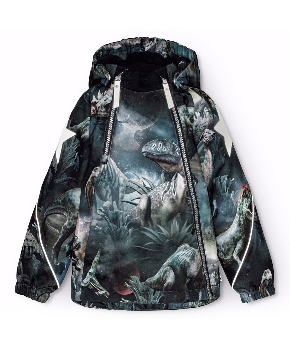 Hopla - Dino In Space - Wind- and waterproof winter jacket for children in recycled polyester with a print of dinosaurs in space in shades of blue, green, and brown.