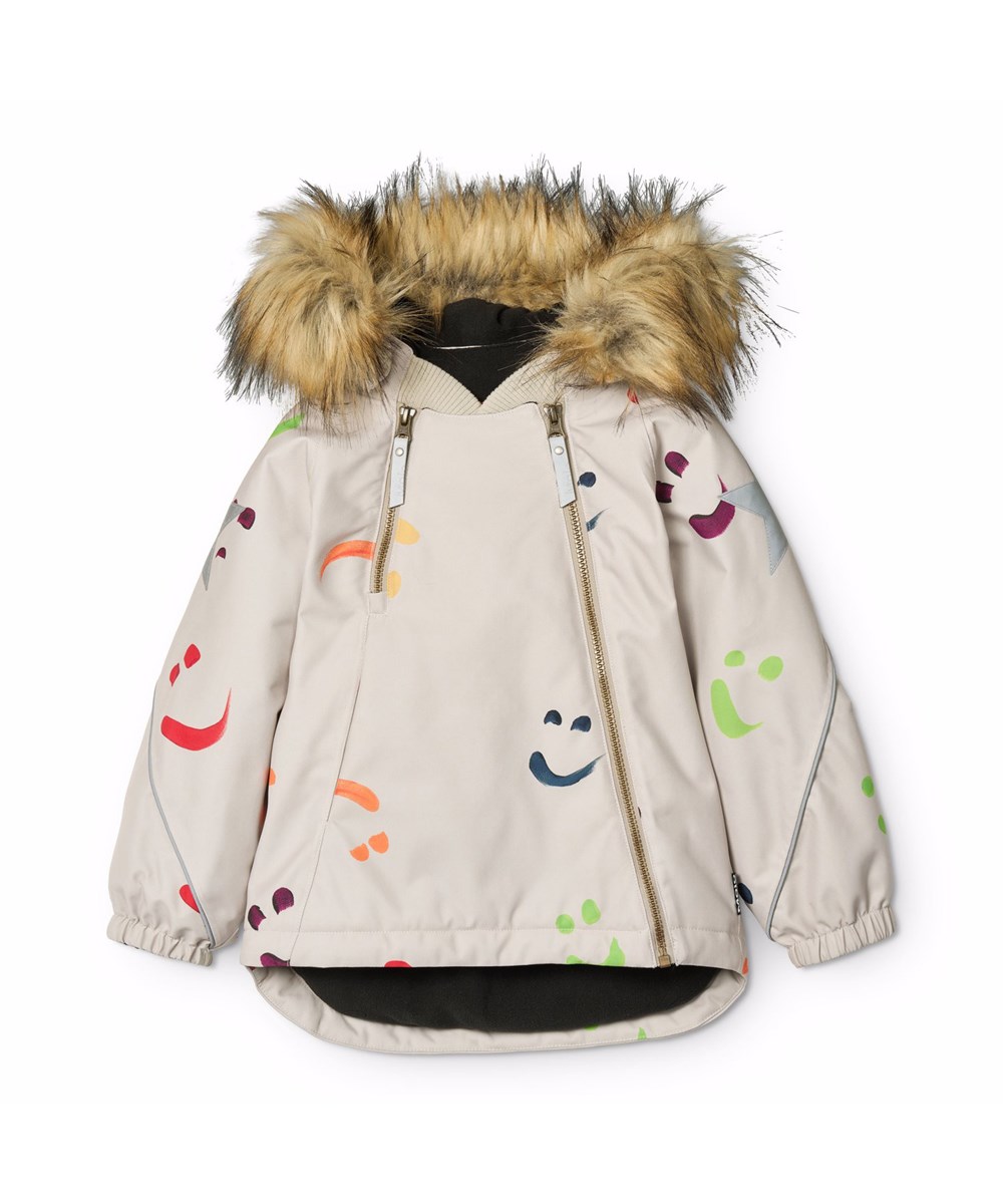 Hopla Fur - Arty Emotions - Beige wind and waterproof winter jacket for children made of recycled polyester with a print of colorful smiling faces, lined with 3M™ Thinsulate™.