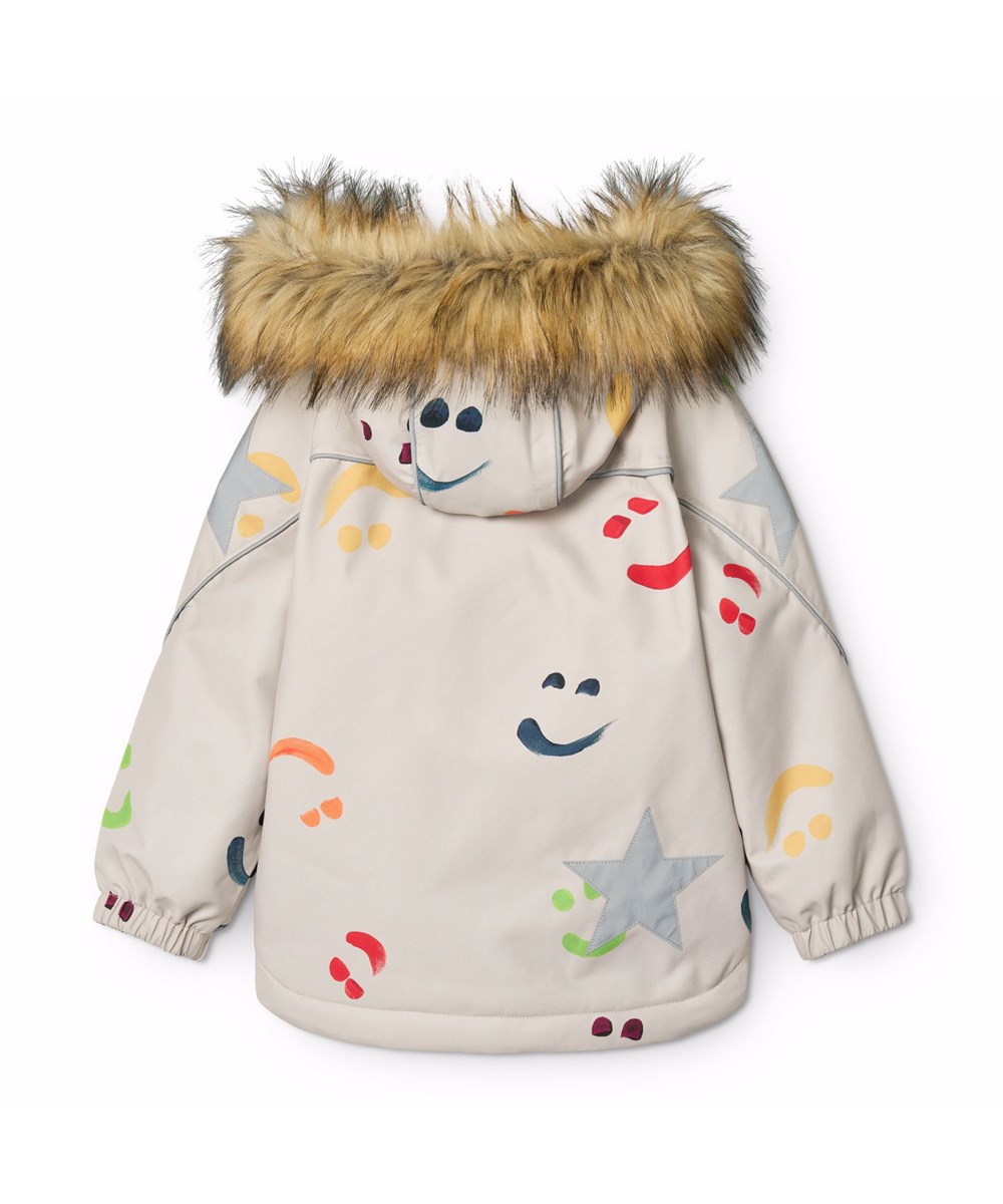 Hopla Fur - Arty Emotions - Beige wind and waterproof winter jacket for children made of recycled polyester with a print of colorful smiling faces, lined with 3M™ Thinsulate™.