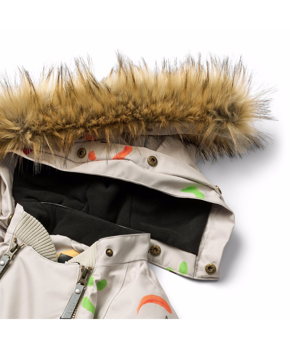 Hopla Fur - Arty Emotions - Beige wind and waterproof winter jacket for children made of recycled polyester with a print of colorful smiling faces, lined with 3M™ Thinsulate™.