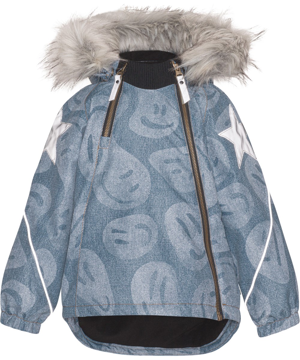 Hopla Fur - Denim Swirley - Recycled winter jacket in blue with smiley faces