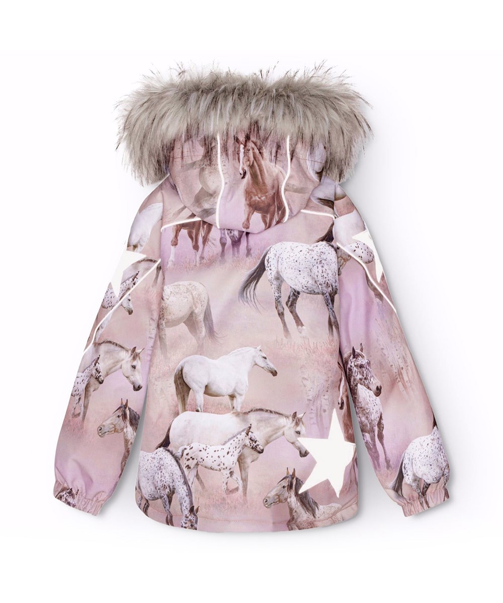 Hopla Fur - Dreamy Horses - Wind- and waterproof winter jacket for children in recycled polyester with a print of horses on a dreamy background in shades of pink and purple.