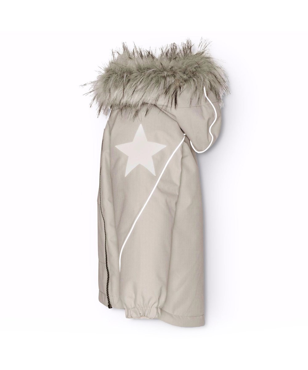 Hopla Fur - Dust - Grey wind- and waterproof winter jacket for children in recycled polyester.