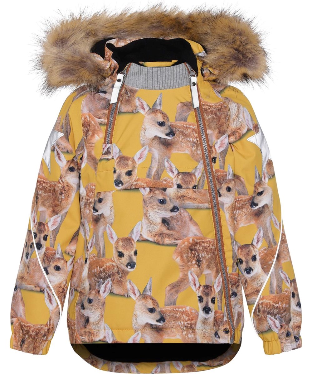 Hopla Fur - Fawns - Recycled yellow winter jacket with fur and deer 