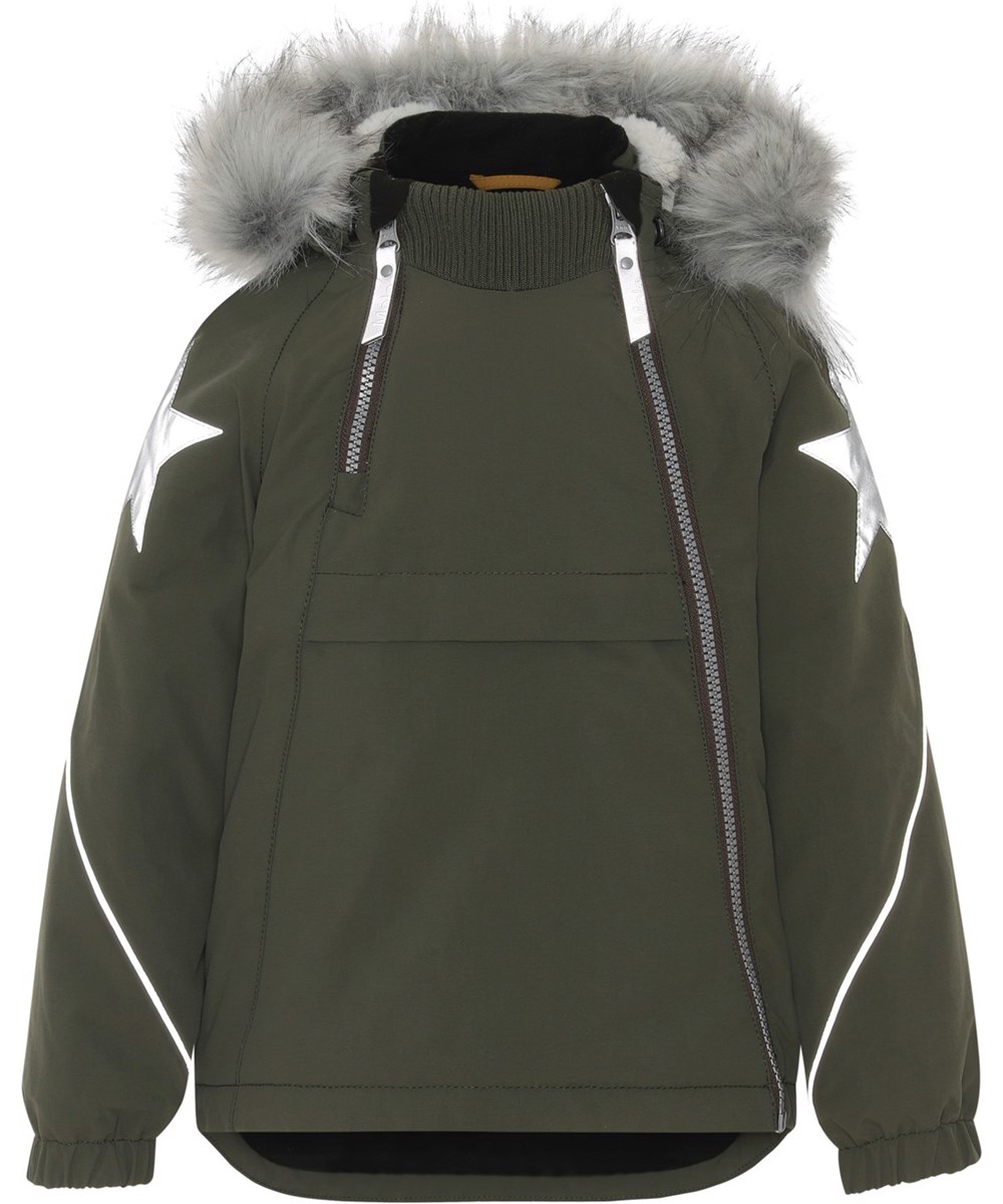 Hopla Fur - Forest - Recycled green winter jacket with fur trim 