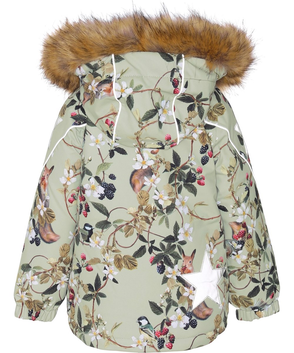 Hopla Fur - Forest Life - Recycled green winter jacket with floral and berry print