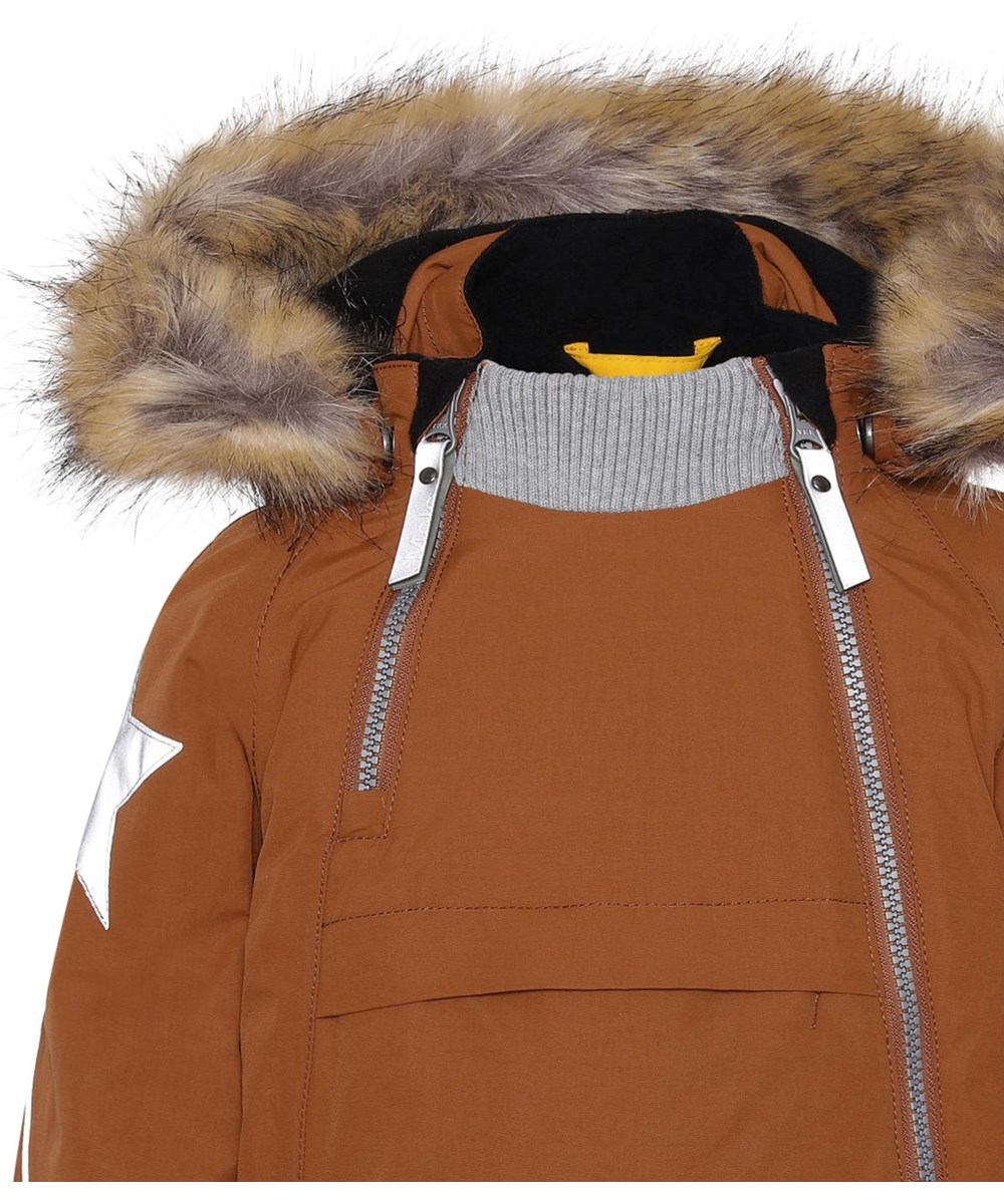 Hopla Fur - Iron - Recycled brown winter jacket with fur trim