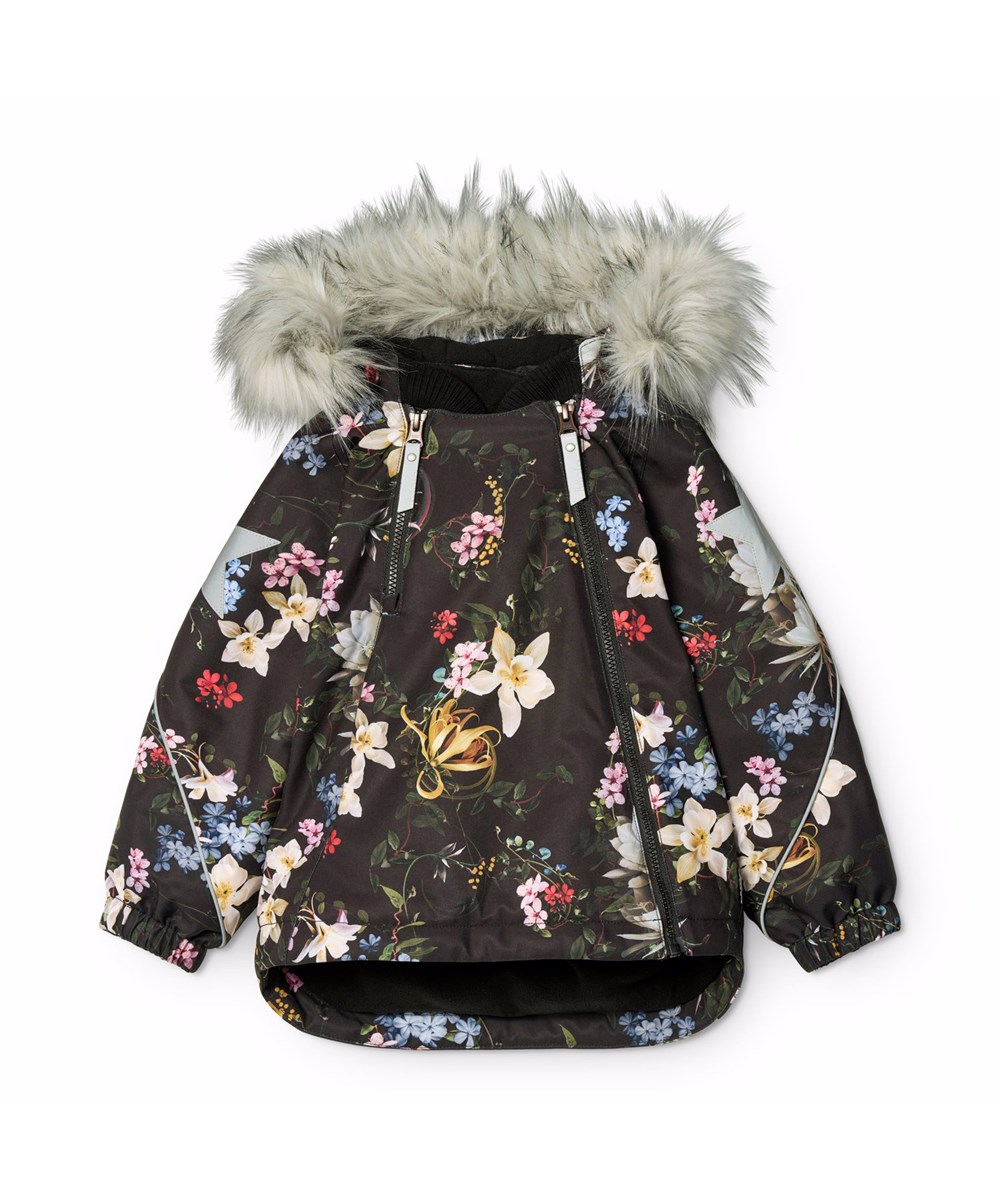 Hopla Fur - Paisley Flowers - Black wind and waterproof winter jacket for children made of recycled polyester with a print of colorful flowers and lined with 3M™ Thinsulate™.