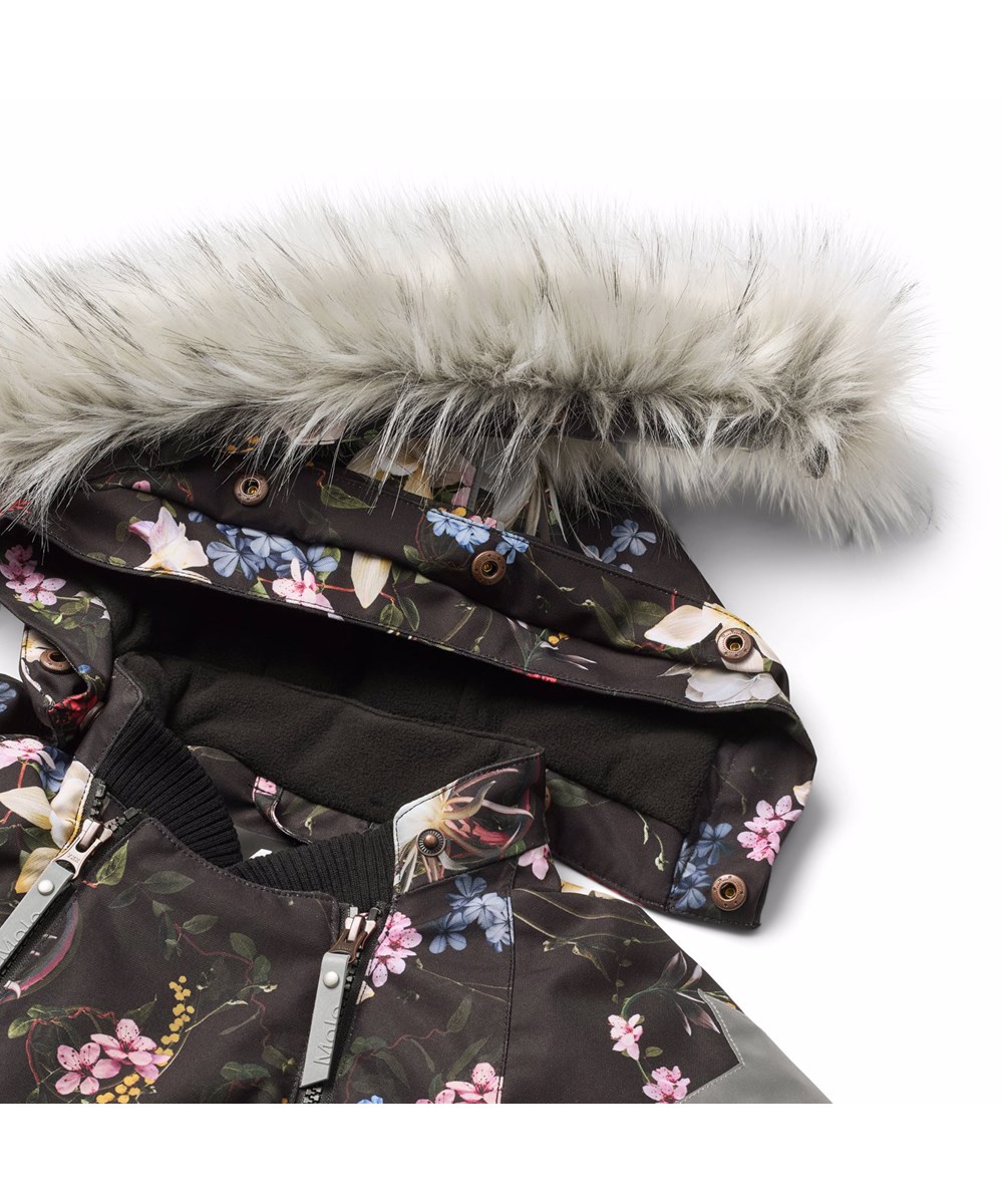 Hopla Fur - Paisley Flowers - Black wind and waterproof winter jacket for children made of recycled polyester with a print of colorful flowers and lined with 3M™ Thinsulate™.