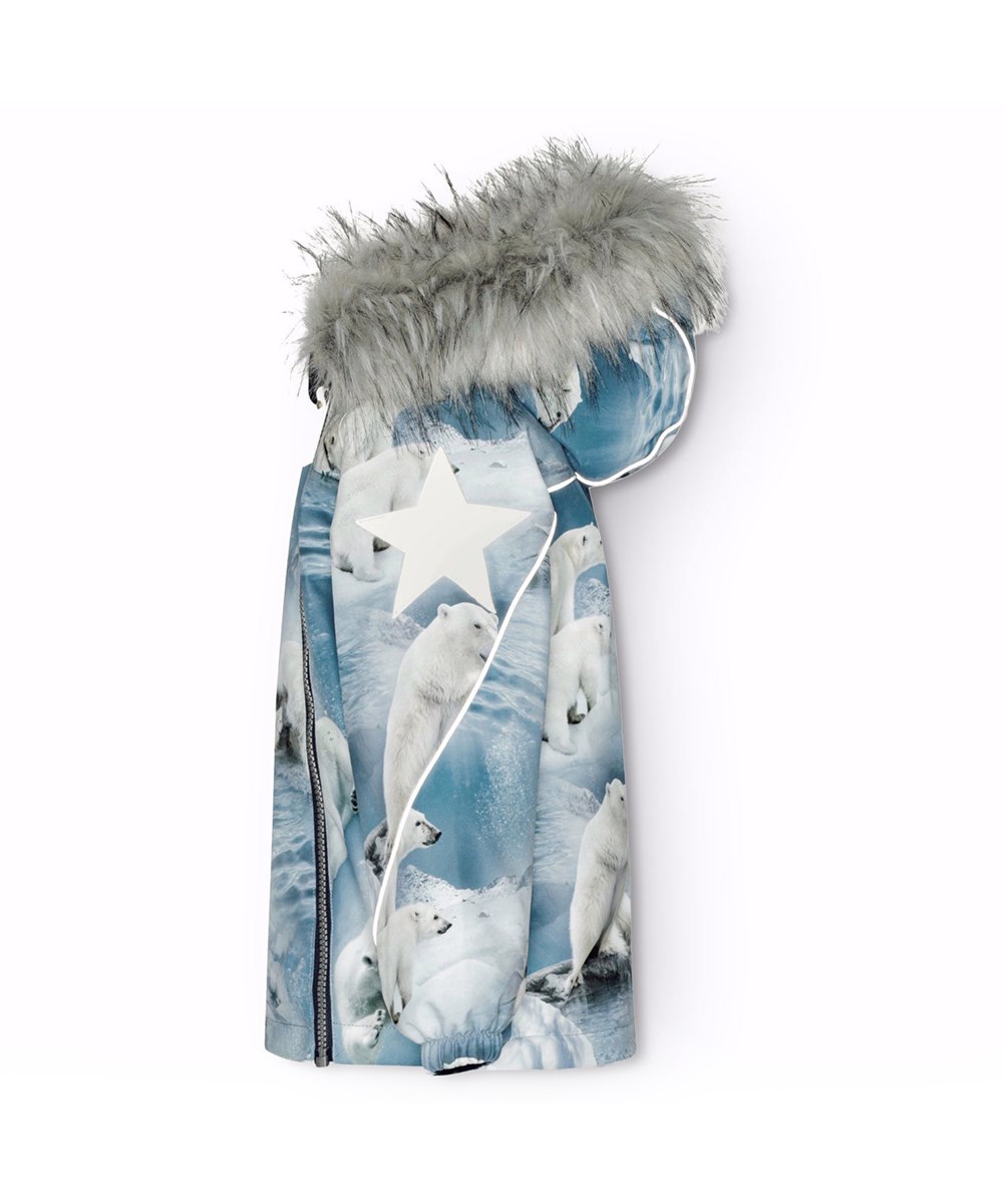 Hopla Fur - Polar Bear Joy - Wind- and waterproof winter jacket for children in recycled polyester with a print of playful polar bears among ice floes in shades of blue.