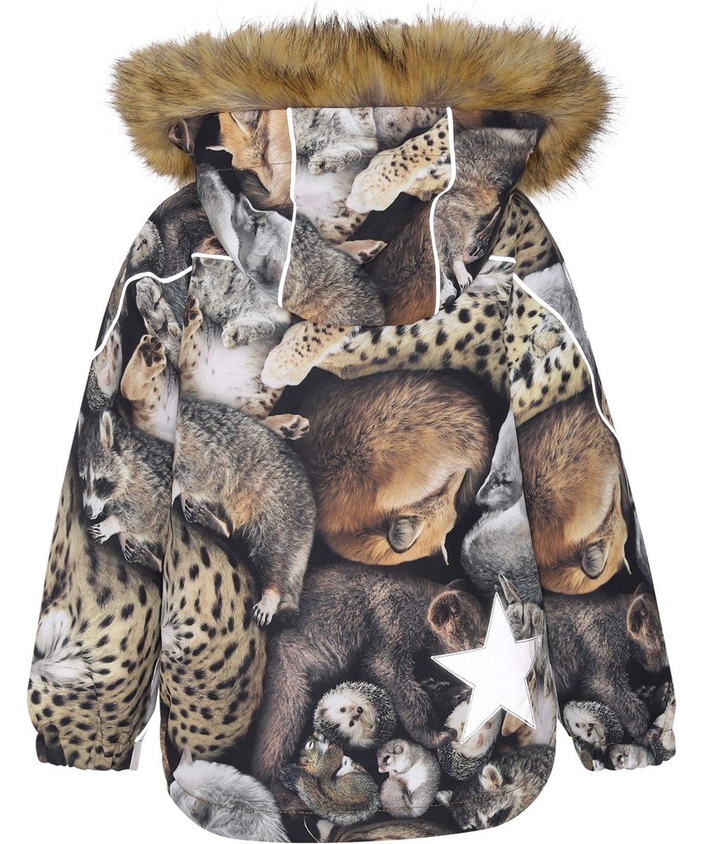Hopla Fur - Sleeping Cubs - Recycled brown winter jacket with animal print