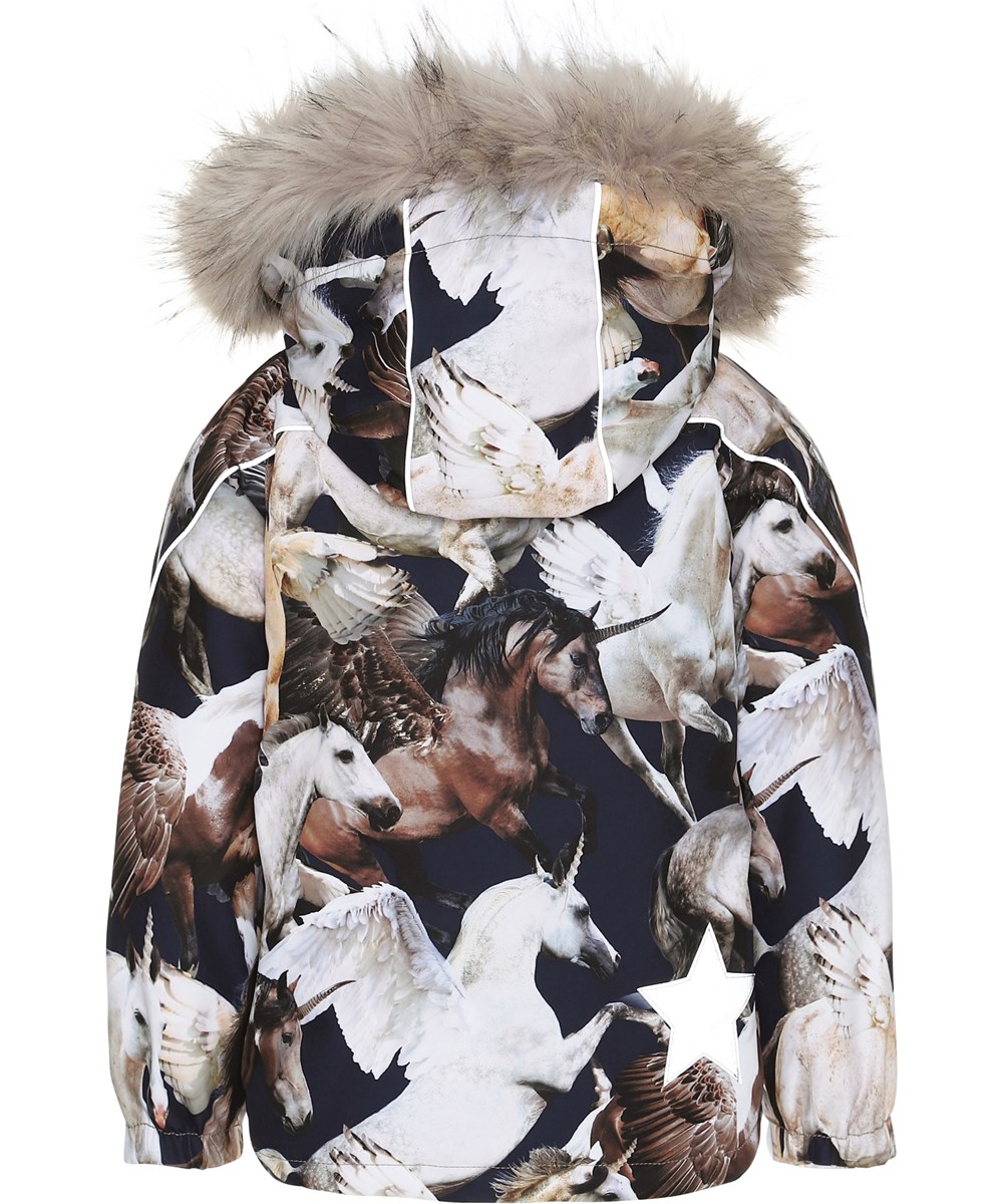 Hopla Fur - Unicorn And Pegasus - Dark blue vinter jacket with unicorns. 