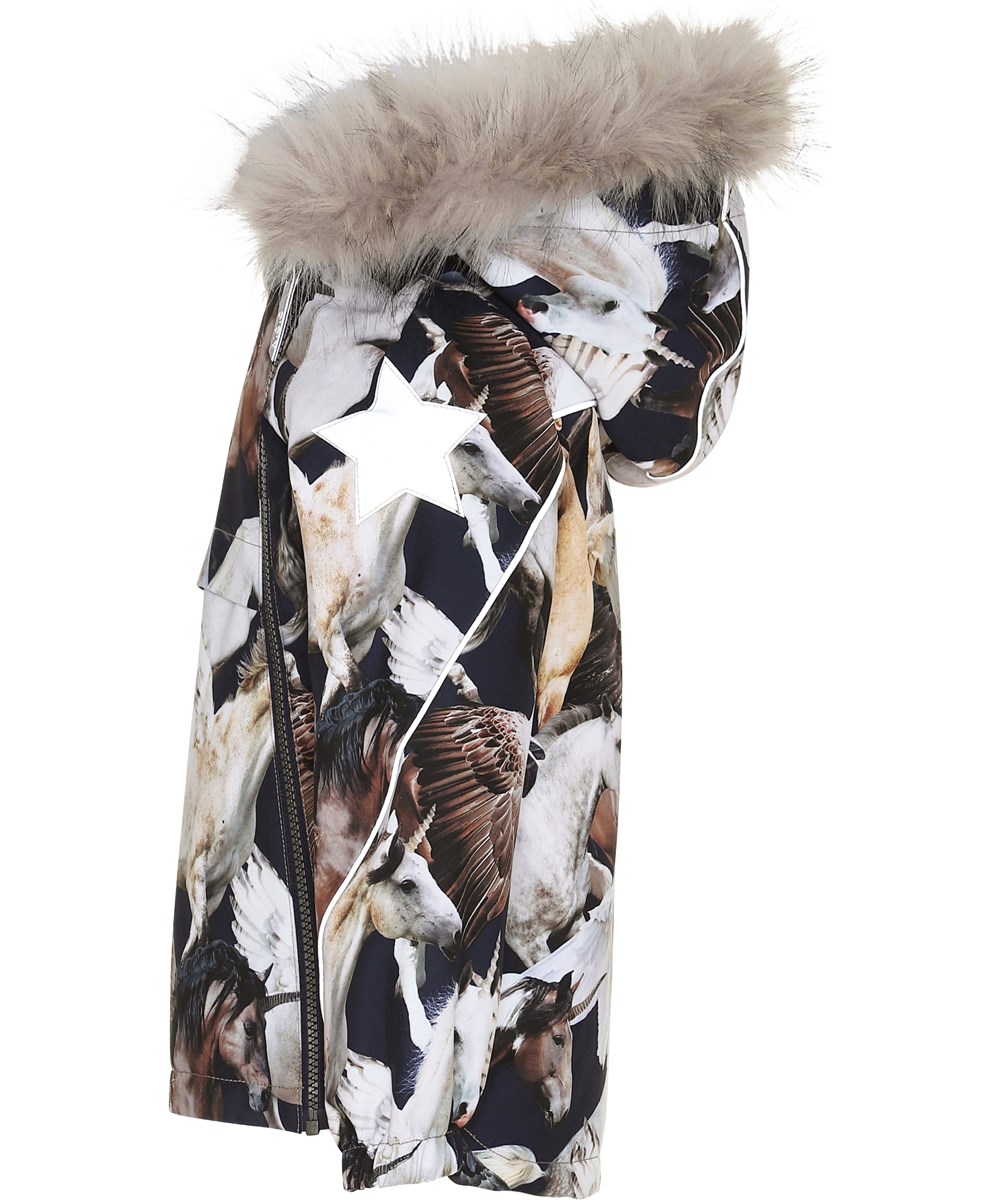 Hopla Fur - Unicorn And Pegasus - Dark blue vinter jacket with unicorns. 