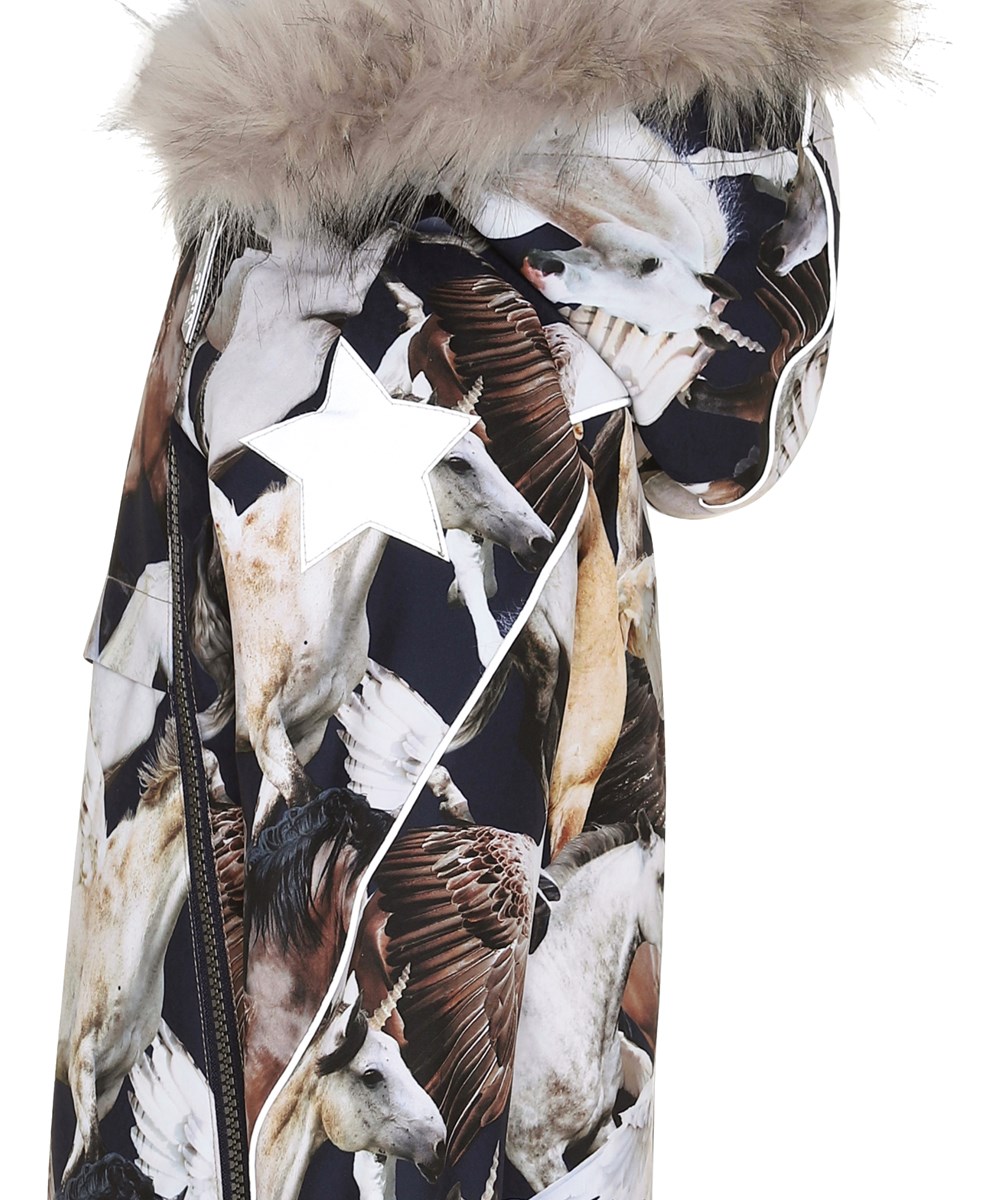 Hopla Fur - Unicorn And Pegasus - Dark blue vinter jacket with unicorns. 
