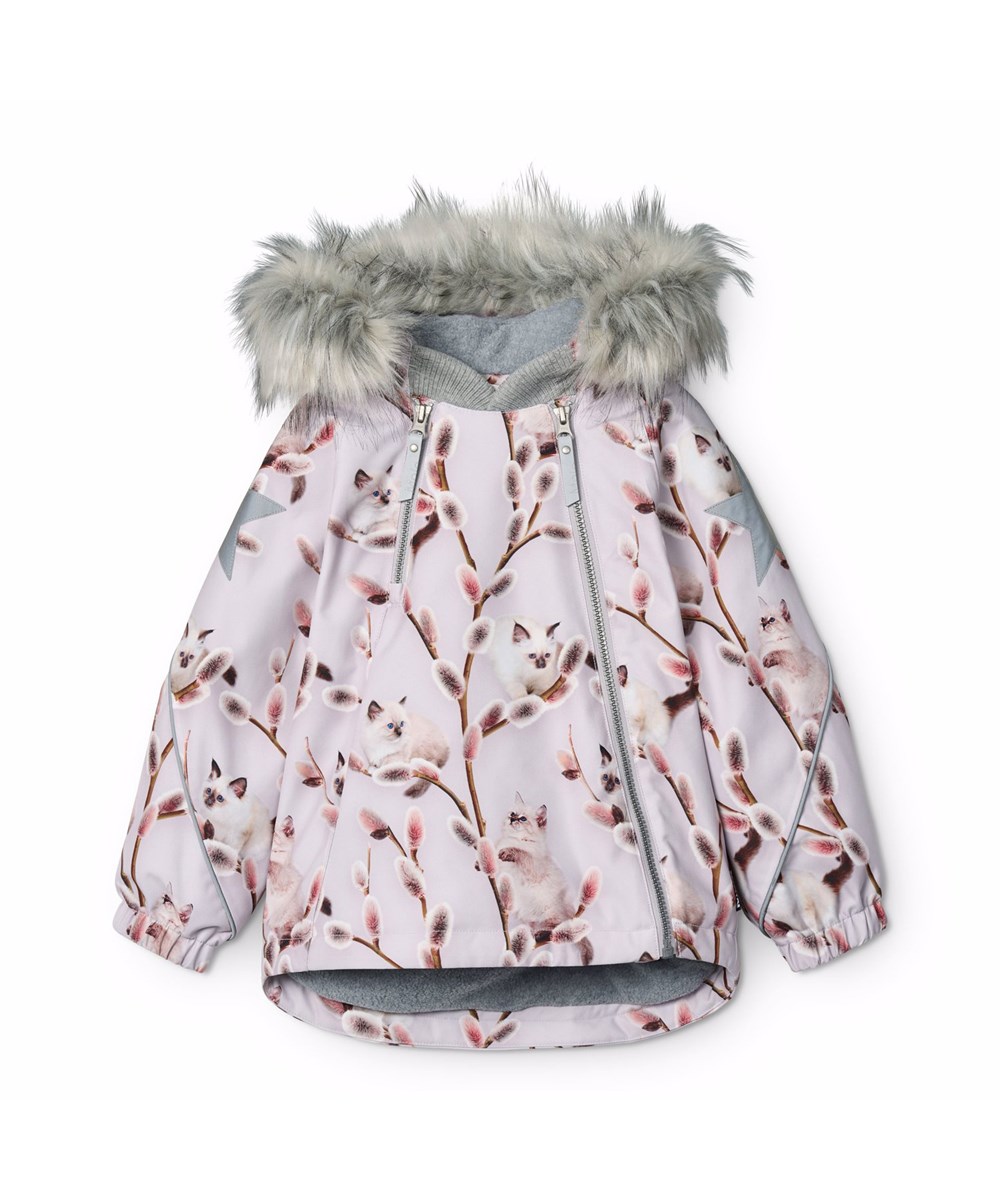 Hopla Fur - Willow Kitten - Purple wind- and waterproof winter jacket for children made of recycled polyester with a print of beautiful willow branches and white kitten, lined with 3M™ Thinsulate™.